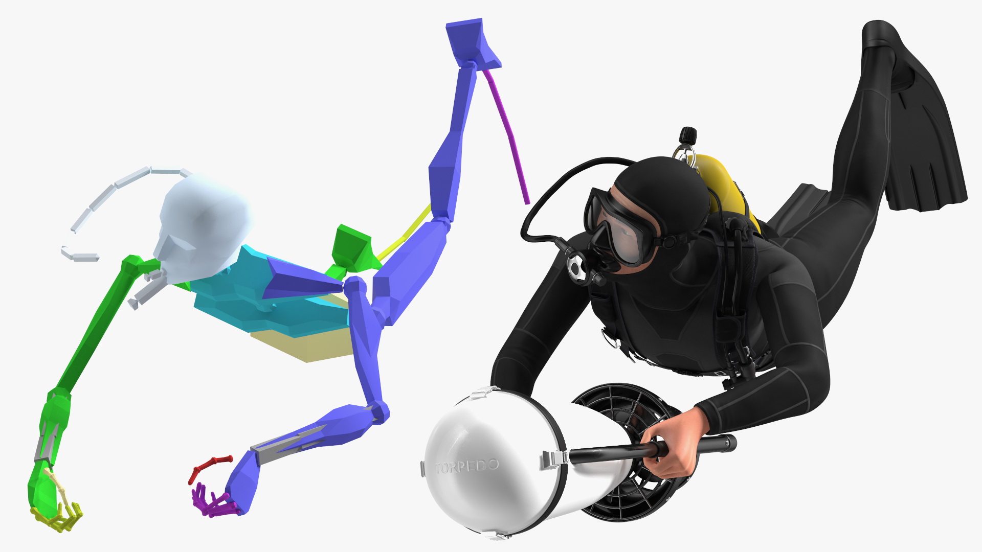 3D Diver with Underwater Scooter Torpedo2000 Rigged model