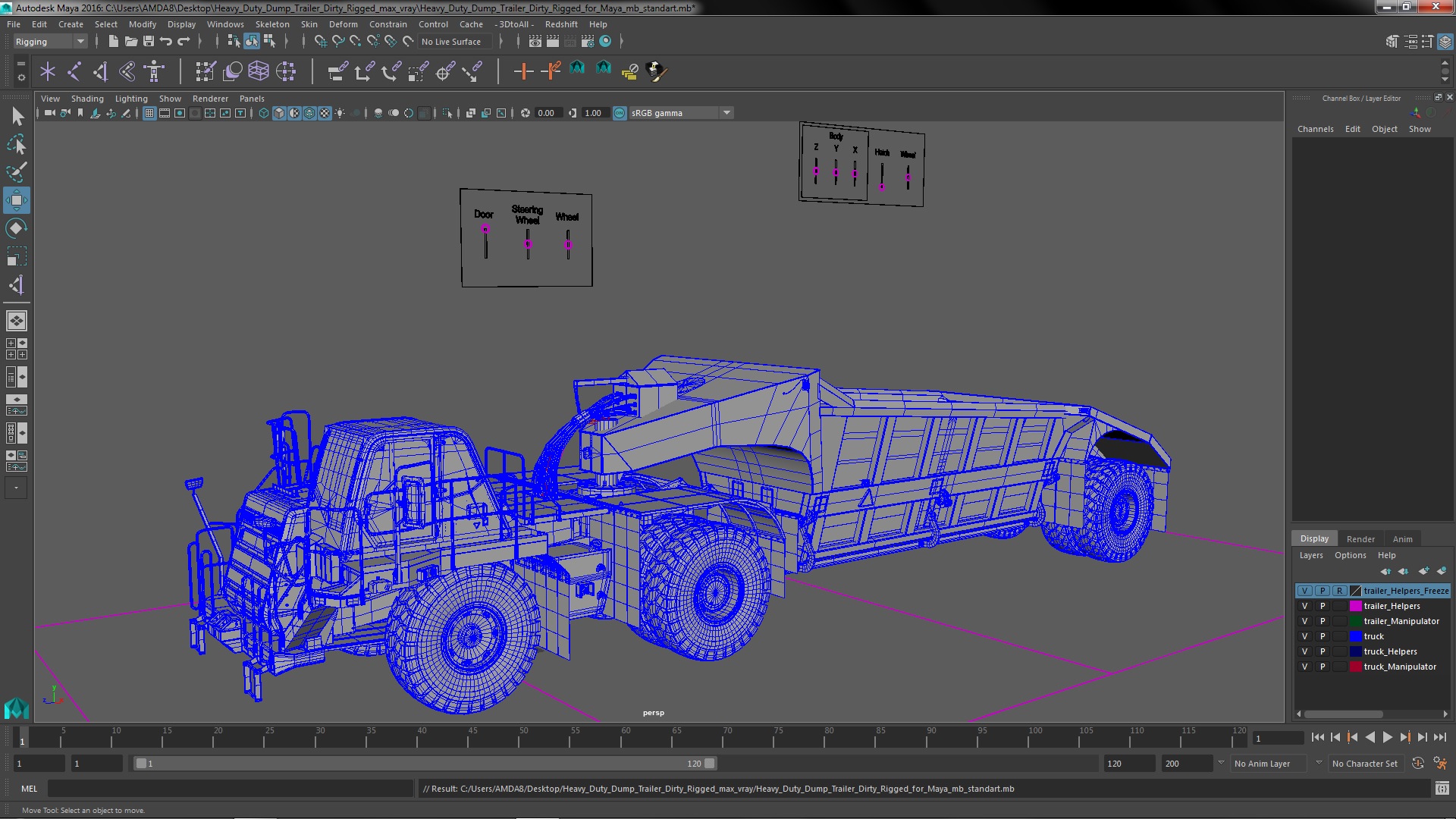 3D model Heavy Duty Dump Trailer Dirty Rigged for Maya