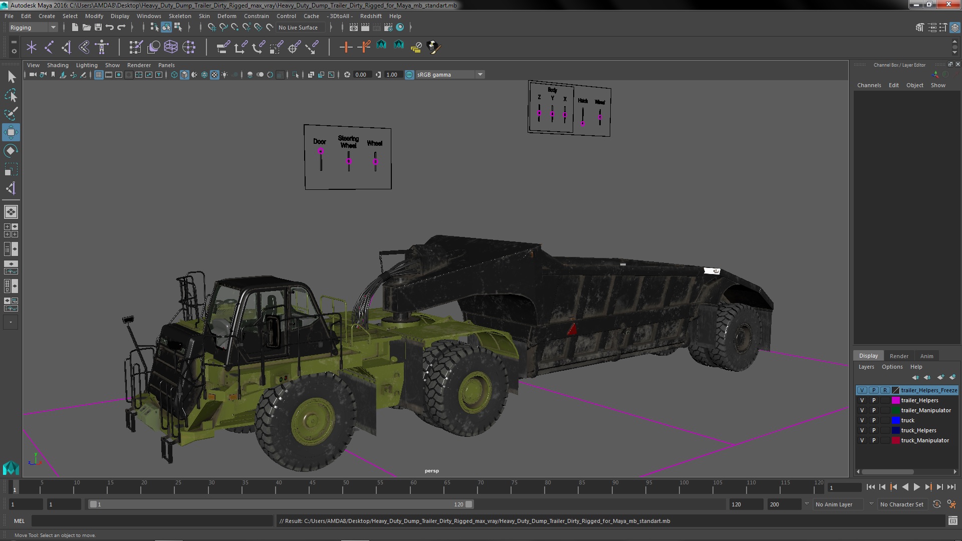 3D model Heavy Duty Dump Trailer Dirty Rigged for Maya