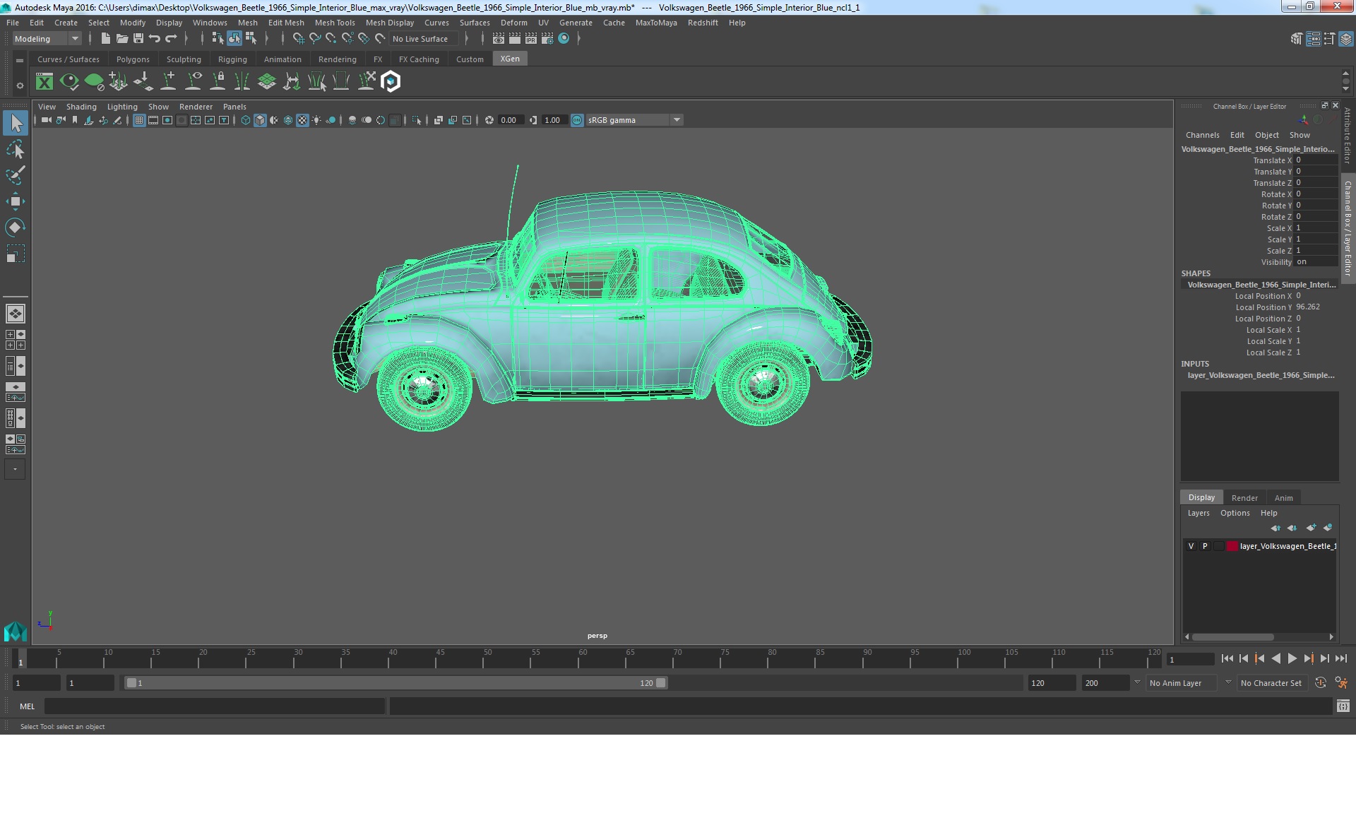 3D Volkswagen Beetle 1966 Simple Interior Blue model