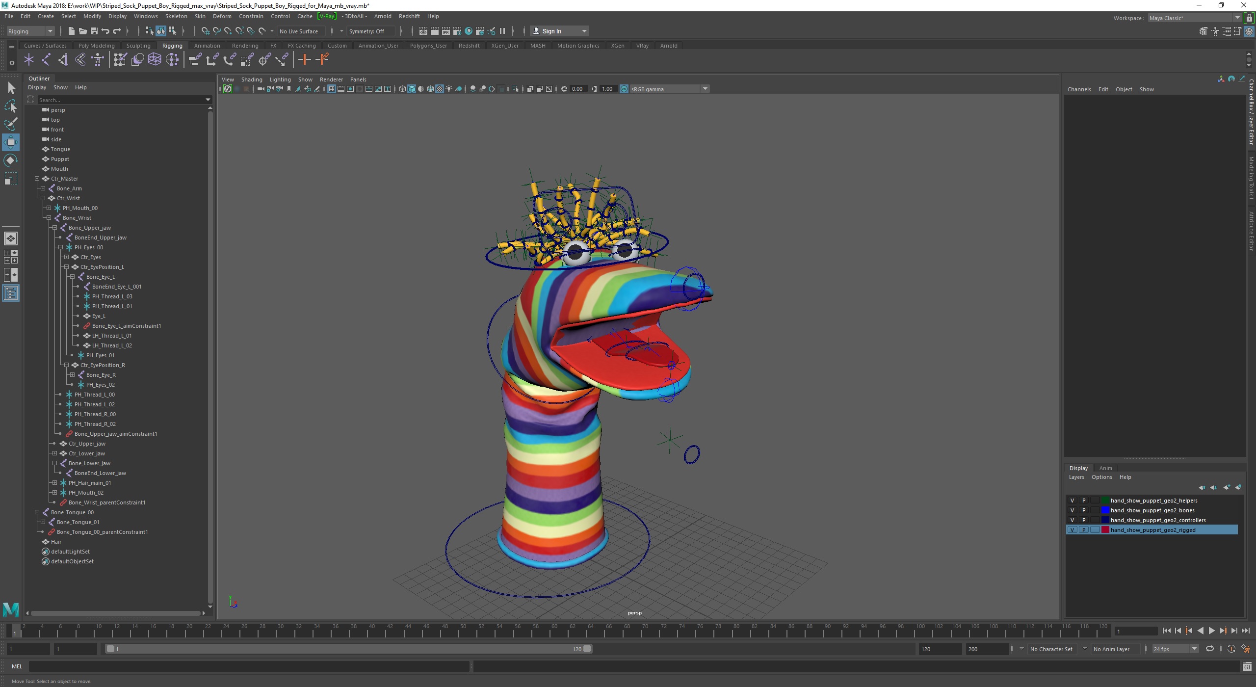 Striped Sock Puppet Boy Rigged for Maya 3D model