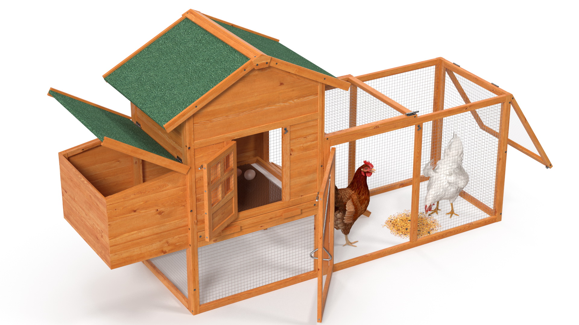 3D Wooden Small Chicken Coop with Chickens Rigged