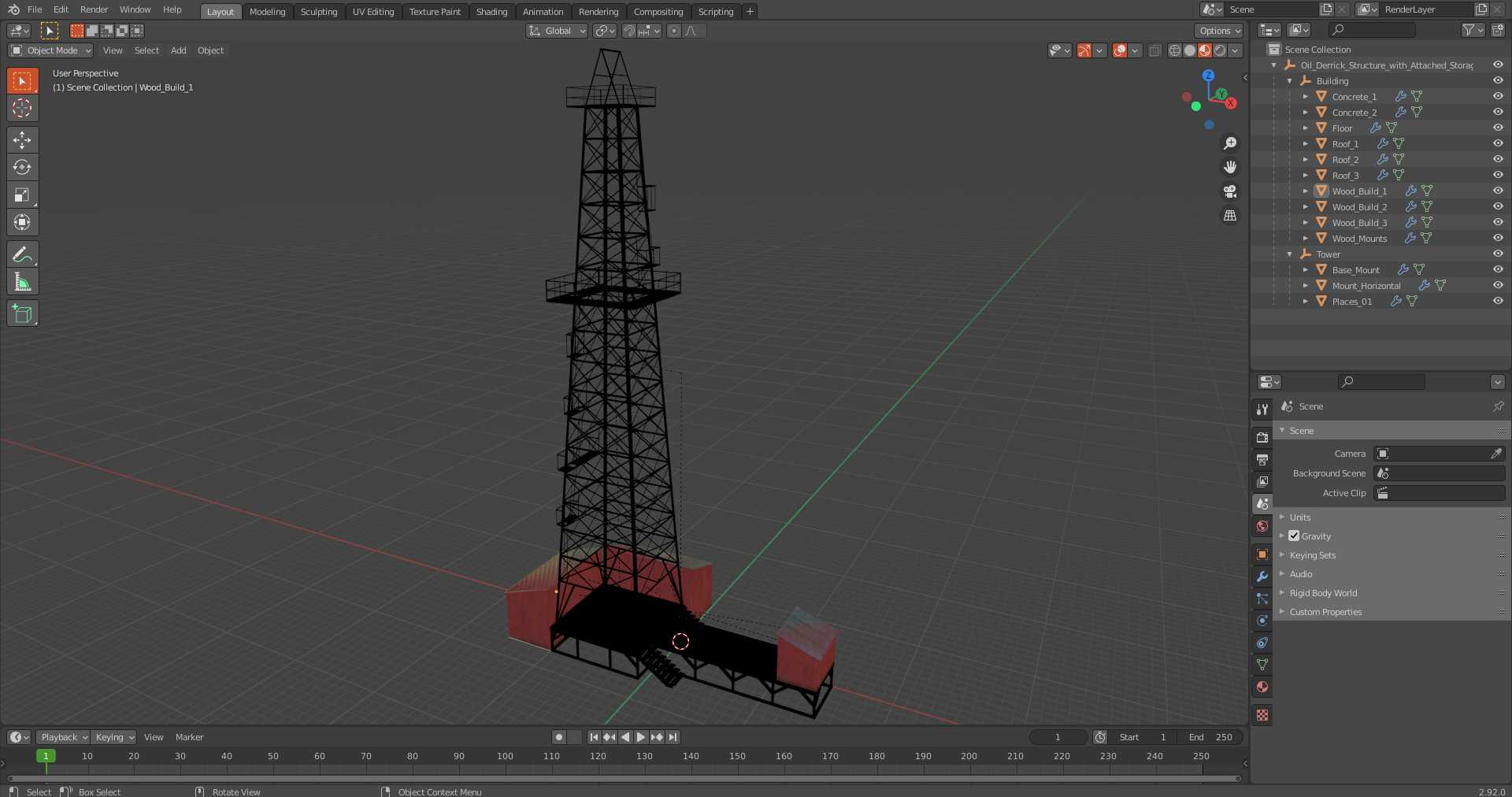 3D Oil Derrick Structure with Attached Storage Shed model