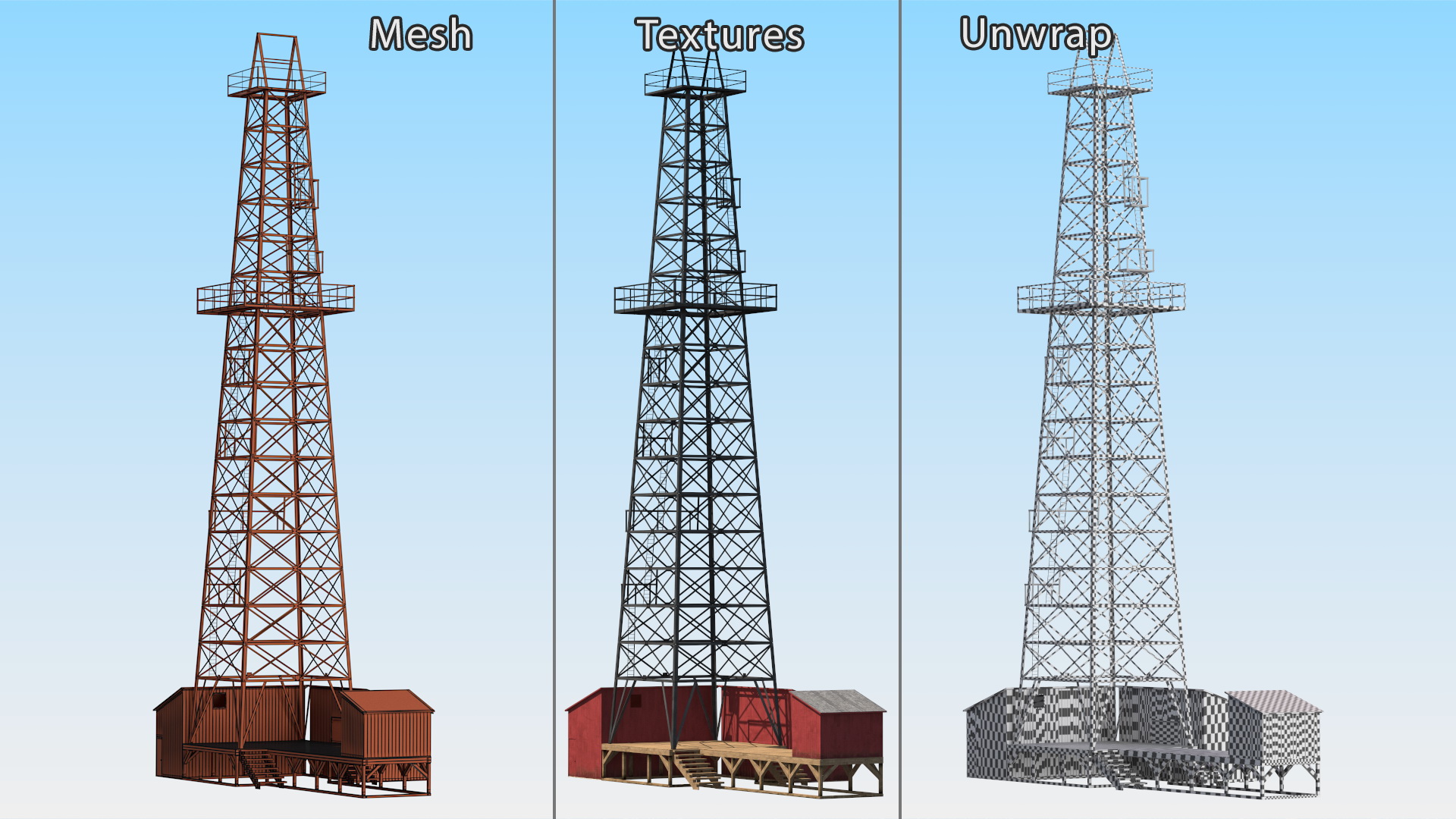 3D Oil Derrick Structure with Attached Storage Shed model