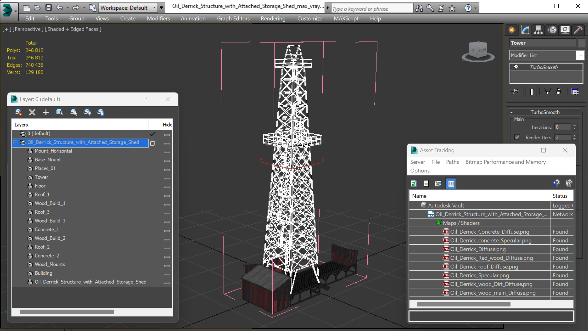 3D Oil Derrick Structure with Attached Storage Shed model