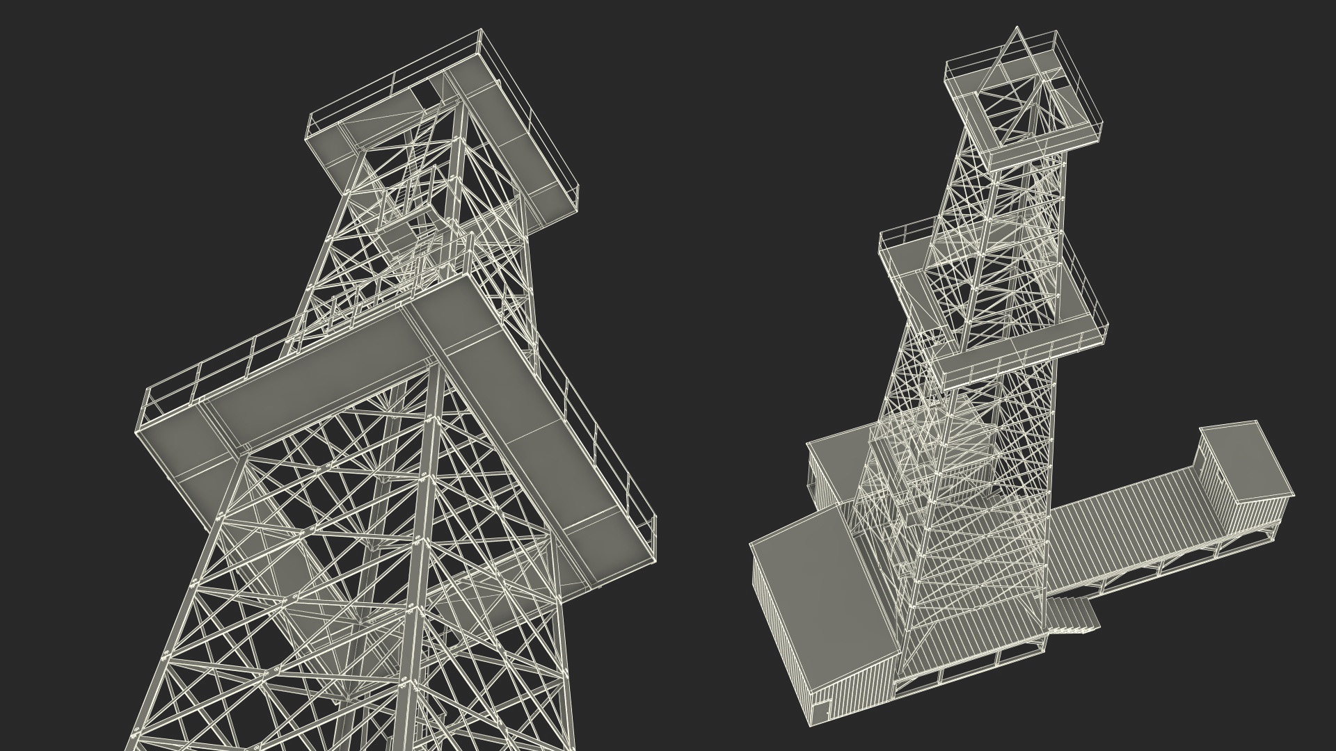 3D Oil Derrick Structure with Attached Storage Shed model