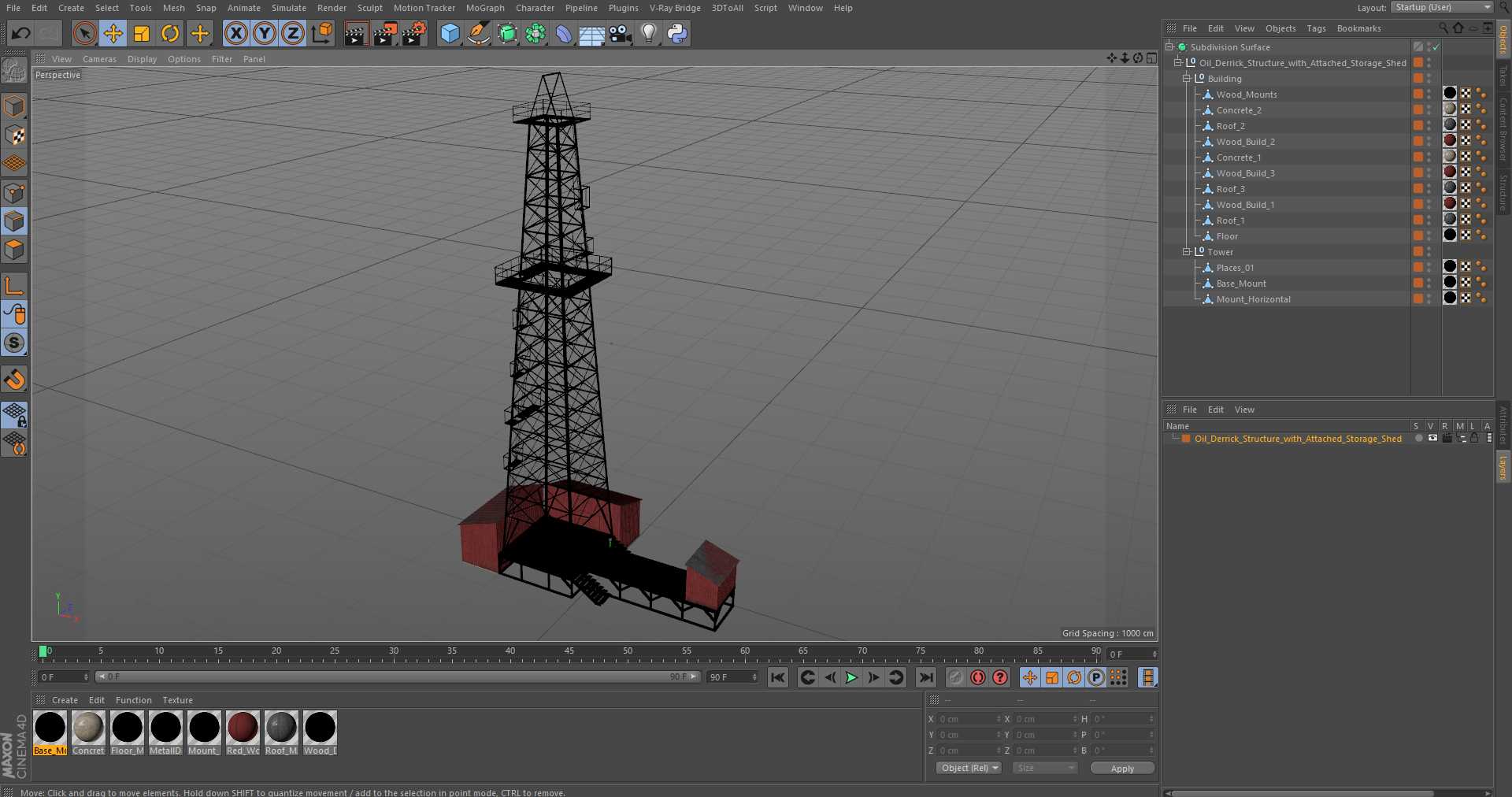 3D Oil Derrick Structure with Attached Storage Shed model