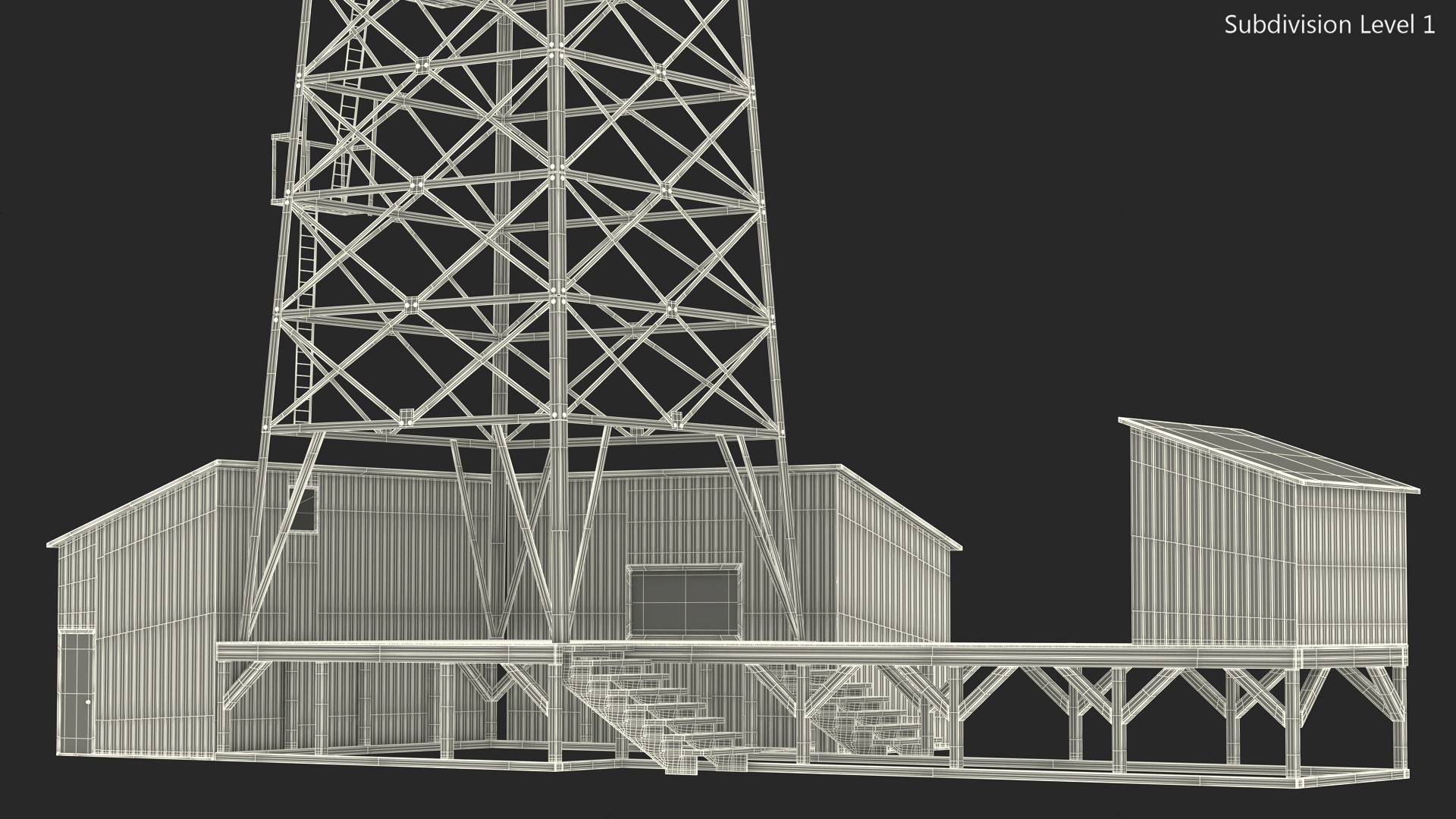 3D Oil Derrick Structure with Attached Storage Shed model