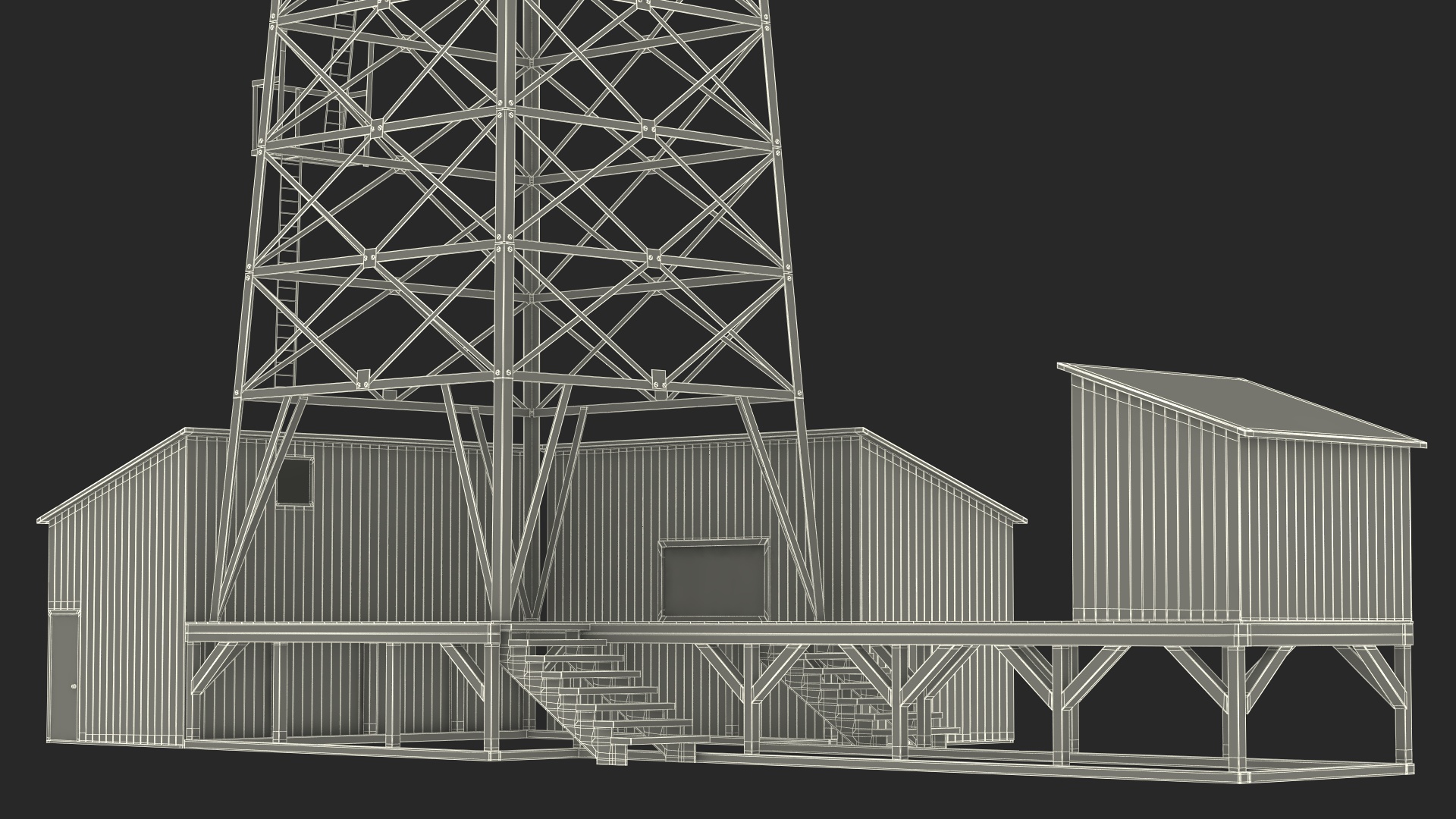 3D Oil Derrick Structure with Attached Storage Shed model