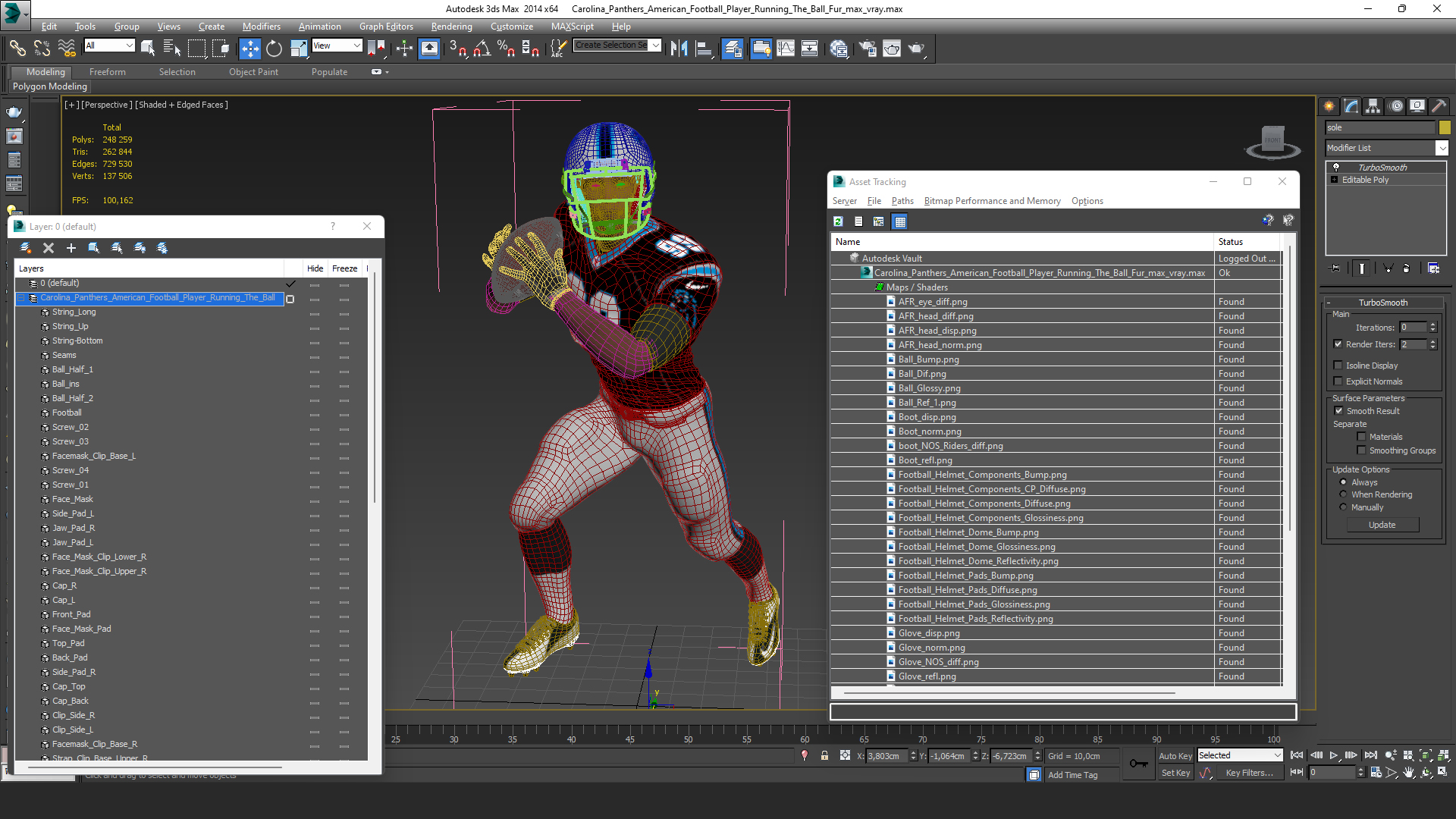 3D Carolina Panthers American Football Player Running The Ball Fur model