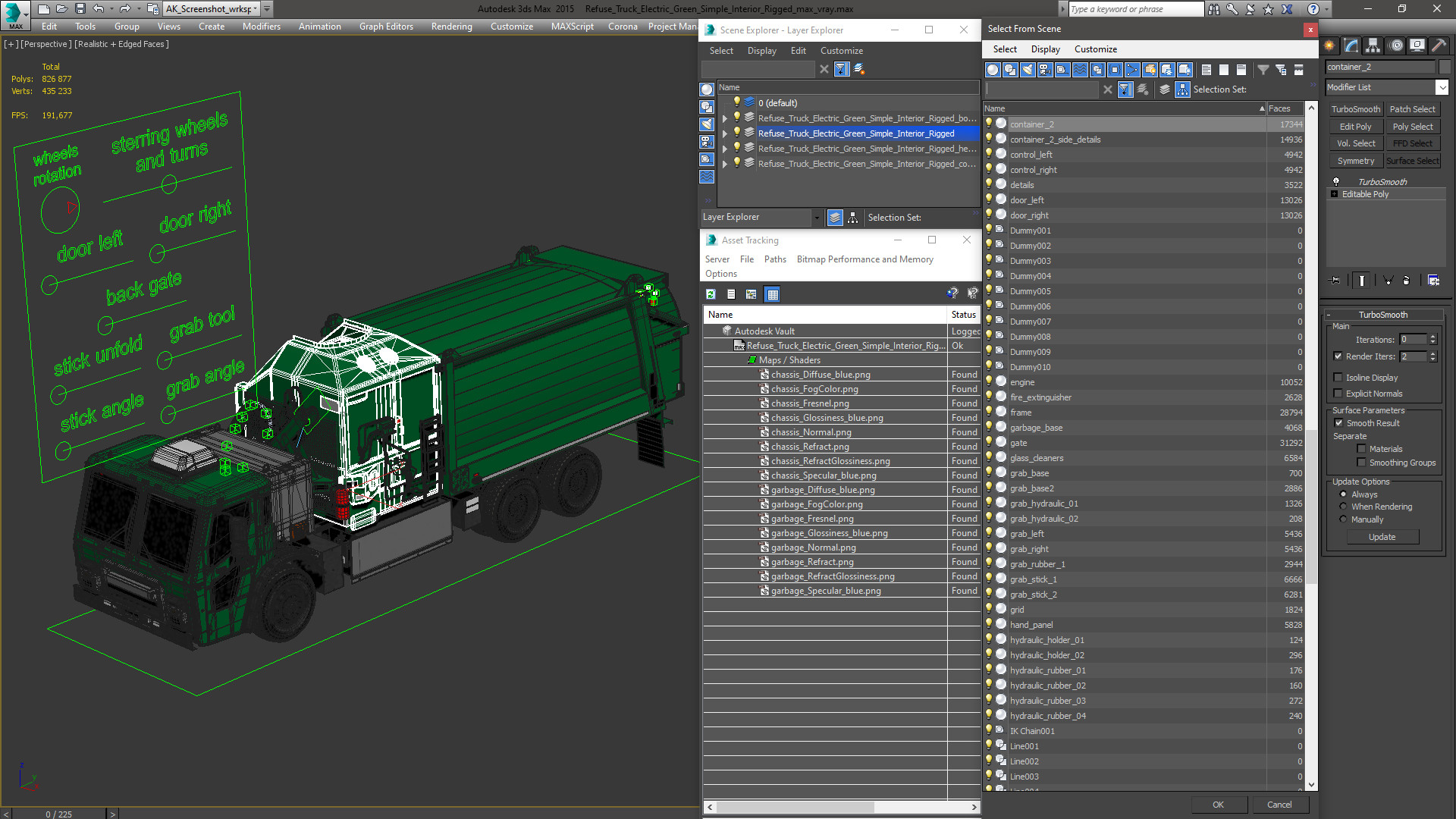 3D model Refuse Truck Electric Green Simple Interior Rigged