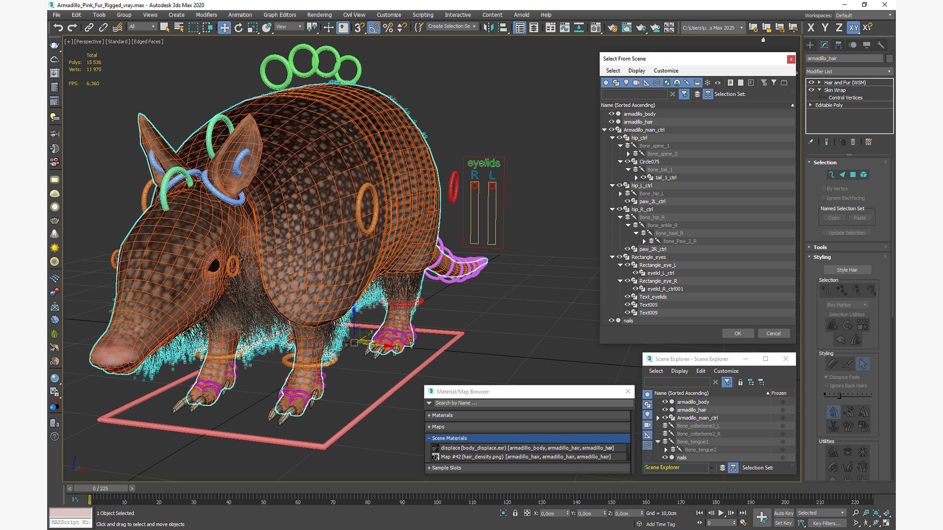 3D model Armadillo Pink Fur Rigged