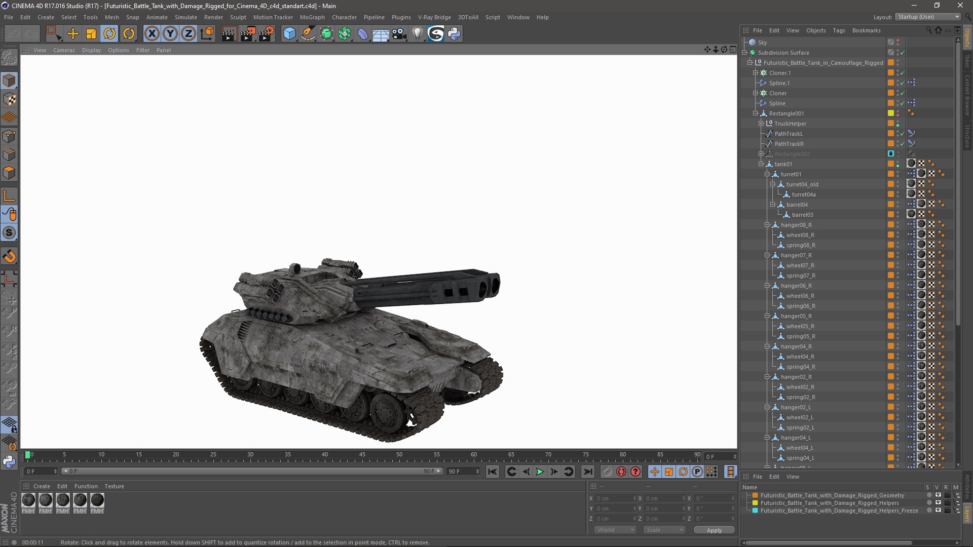 3D model Futuristic Battle Tank with Damage Rigged for Cinema 4D