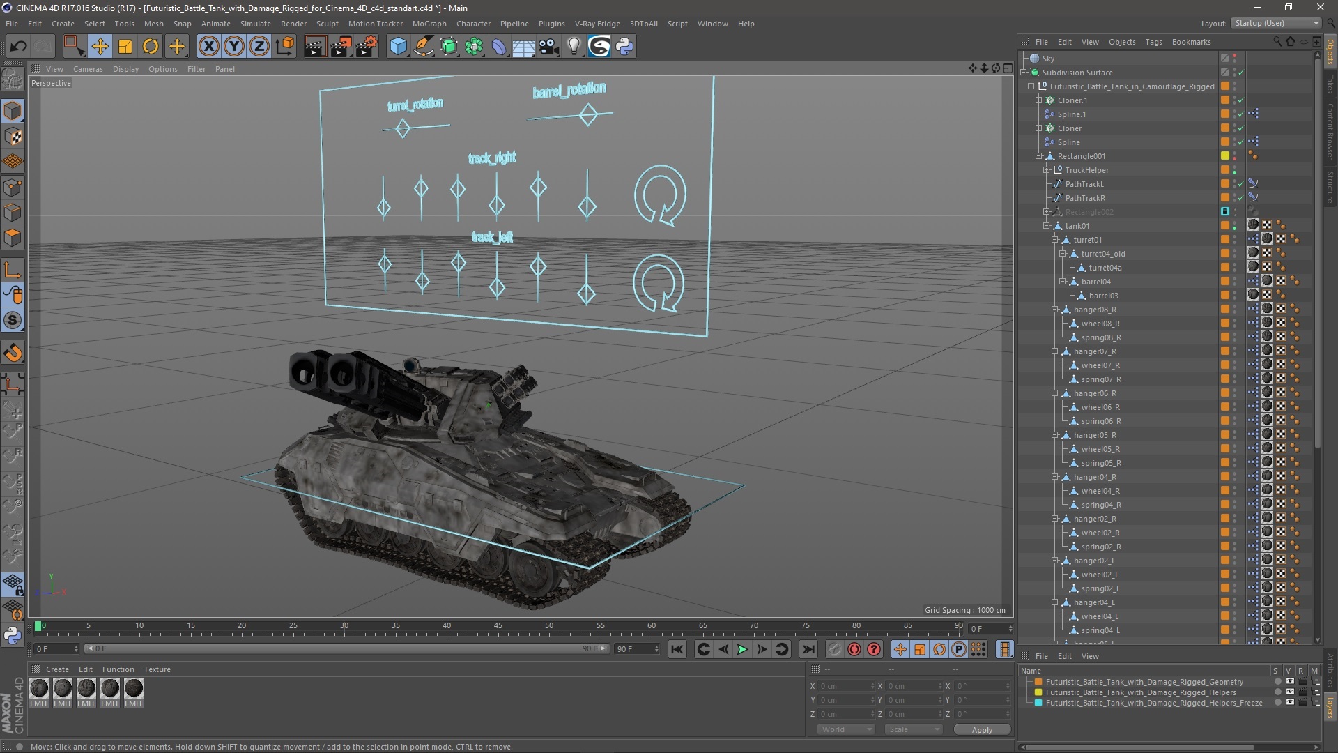 3D model Futuristic Battle Tank with Damage Rigged for Cinema 4D