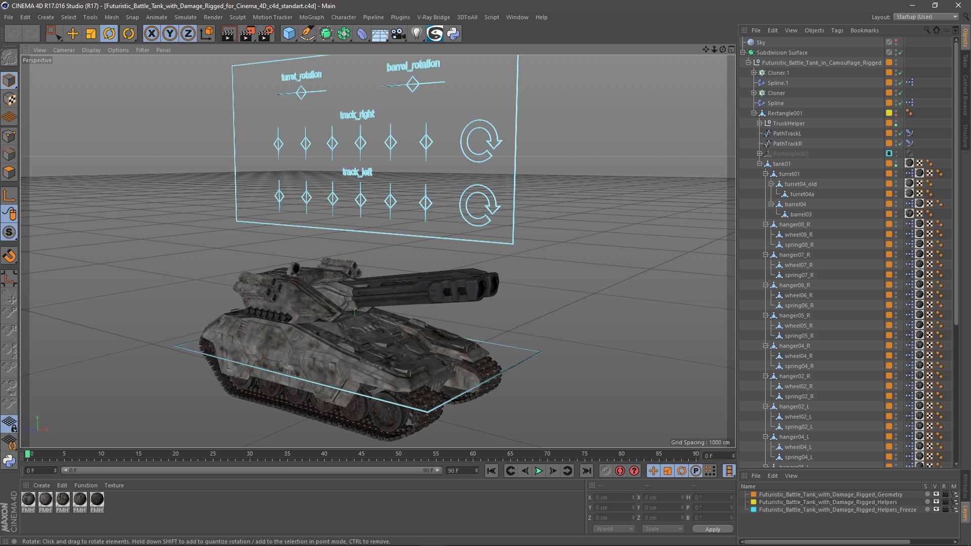 3D model Futuristic Battle Tank with Damage Rigged for Cinema 4D