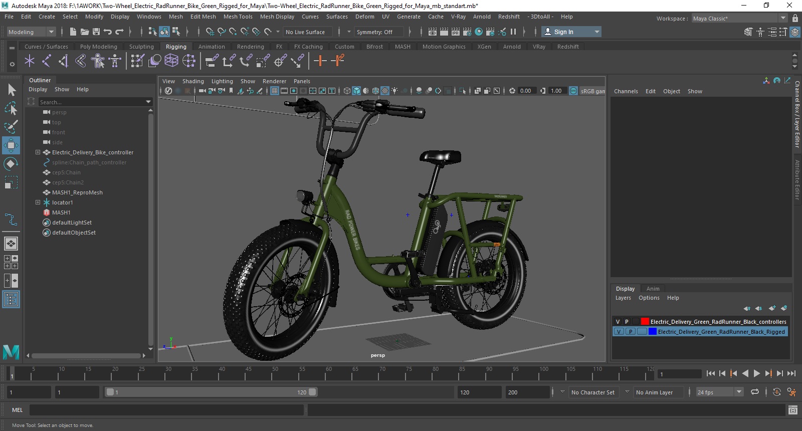 3D model Two-Wheel Electric RadRunner Bike Green Rigged for Maya