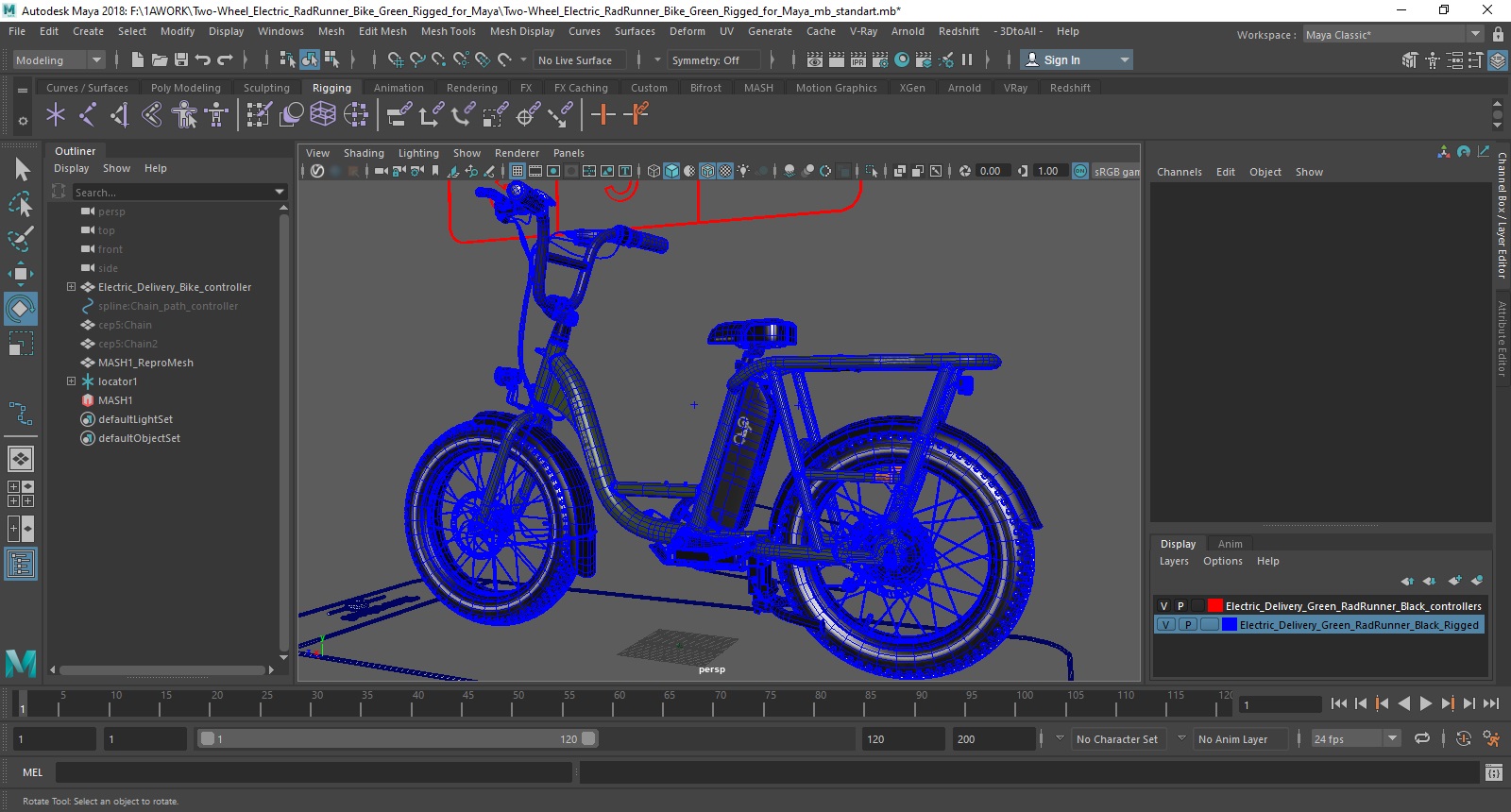 3D model Two-Wheel Electric RadRunner Bike Green Rigged for Maya