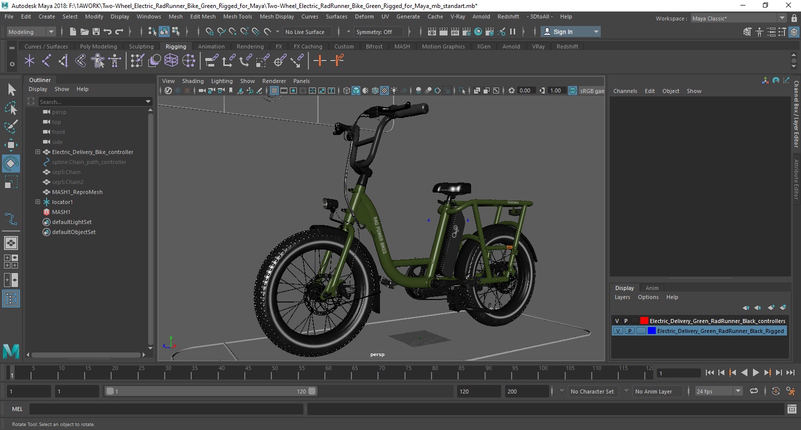3D model Two-Wheel Electric RadRunner Bike Green Rigged for Maya