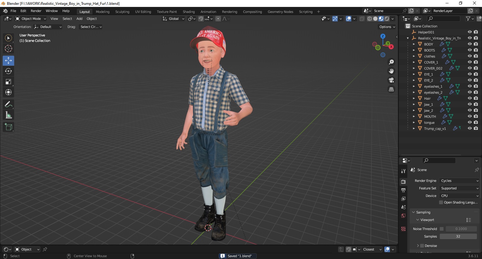 3D Realistic Vintage Boy in Trump Hat Fur model