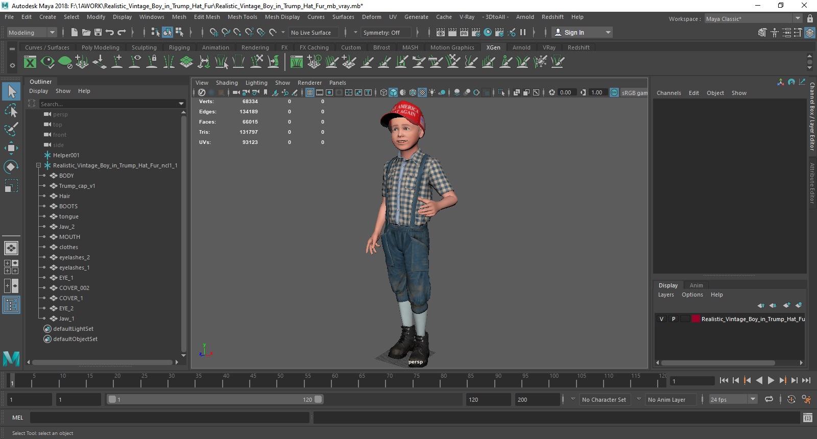 3D Realistic Vintage Boy in Trump Hat Fur model