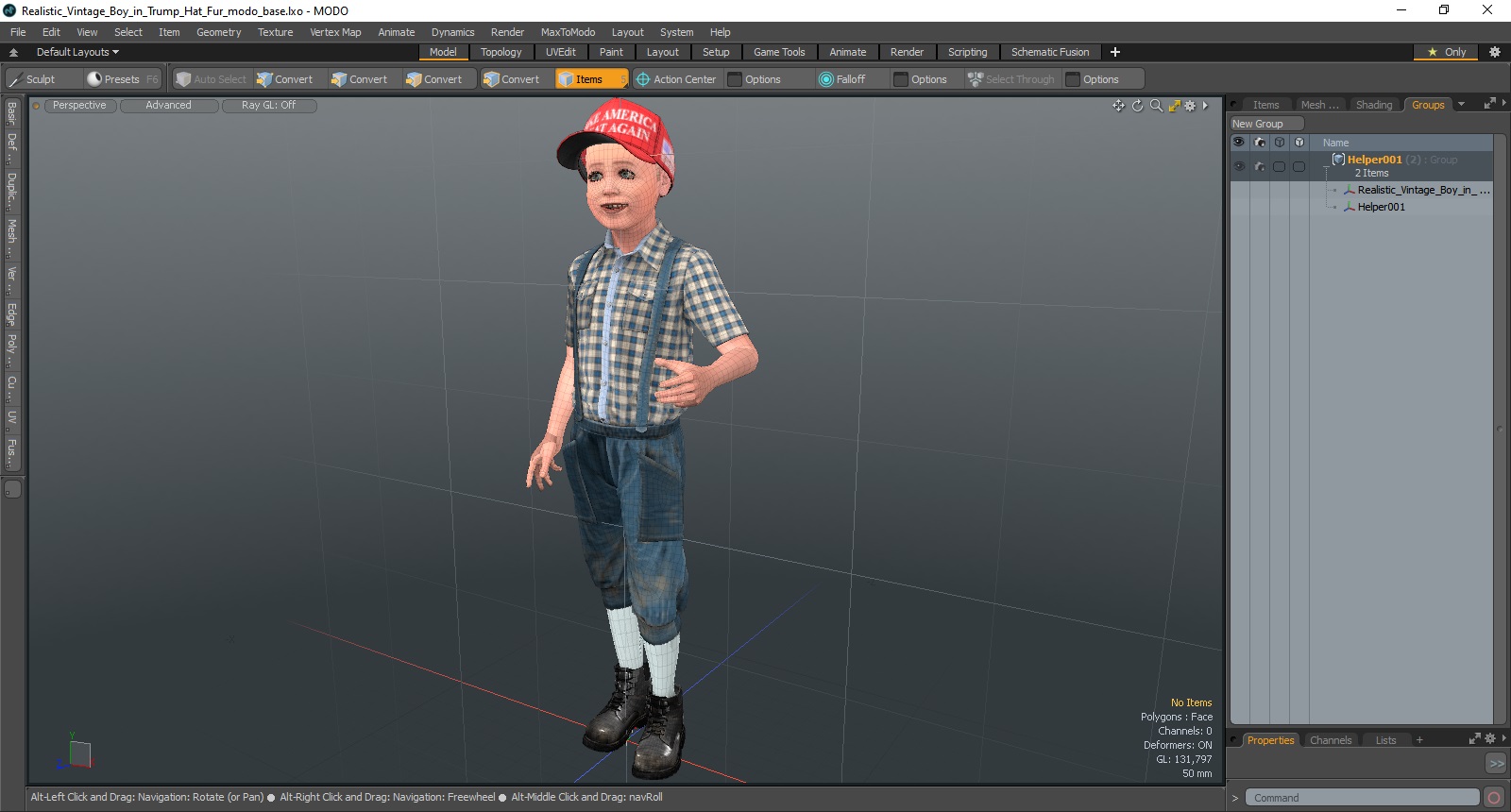 3D Realistic Vintage Boy in Trump Hat Fur model