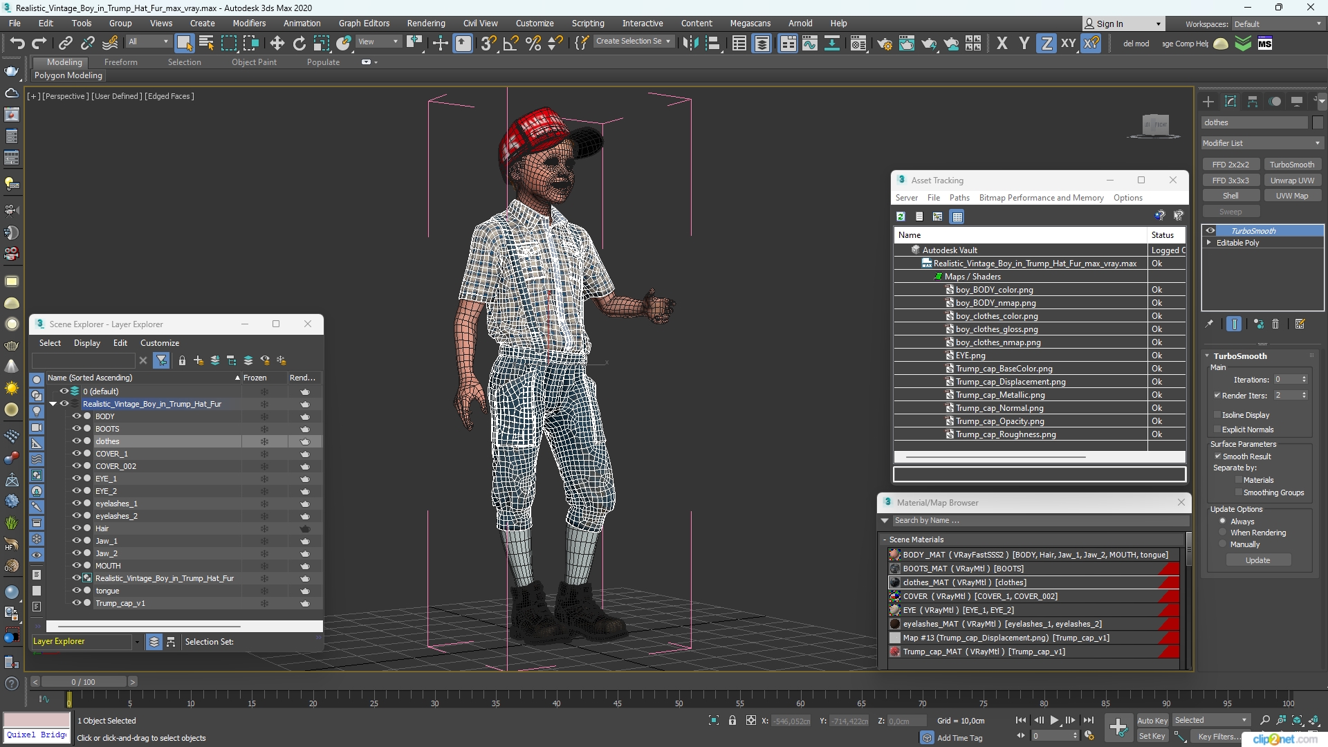 3D Realistic Vintage Boy in Trump Hat Fur model