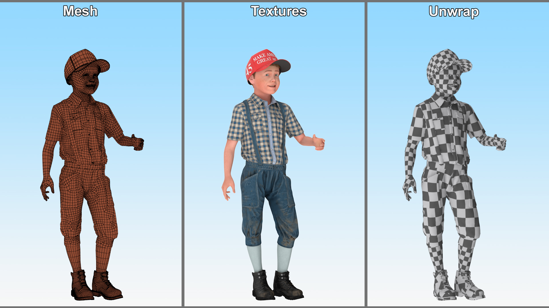 3D Realistic Vintage Boy in Trump Hat Fur model