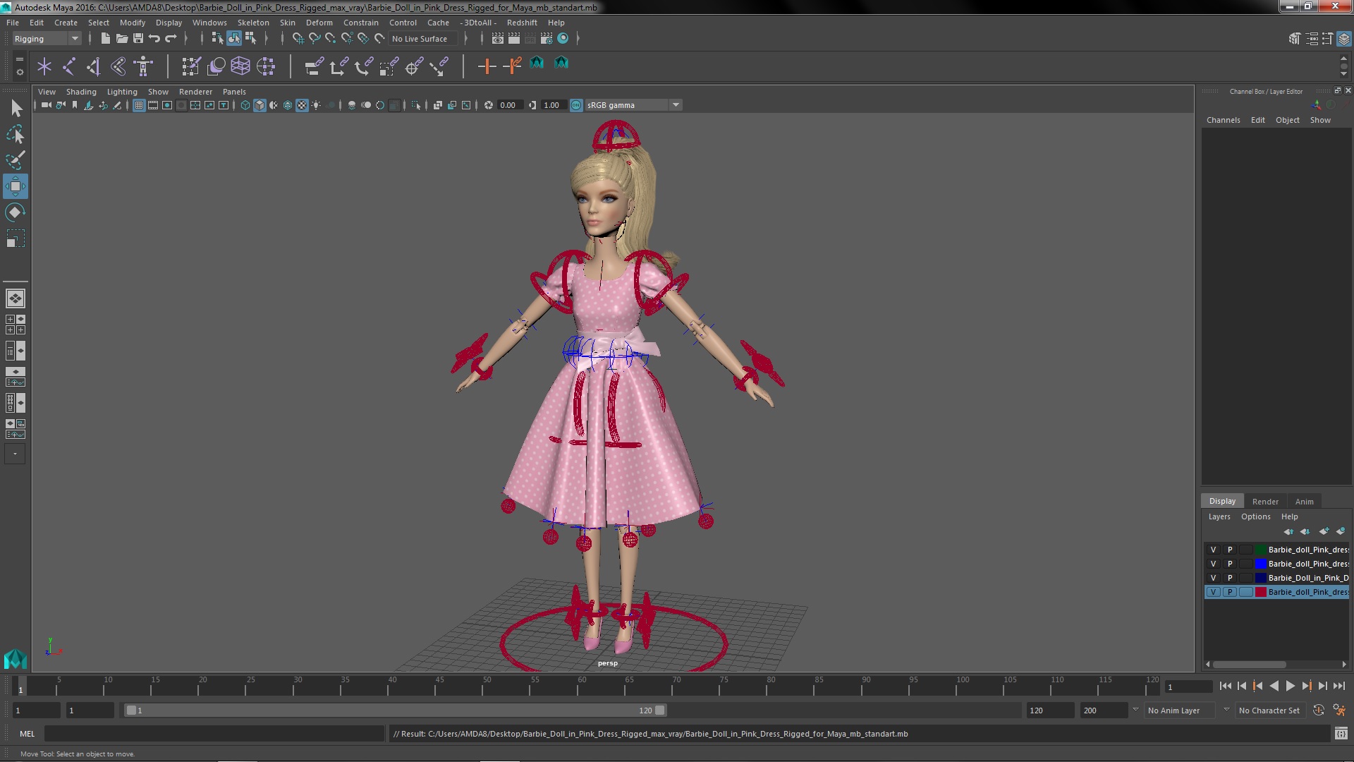 3D Barbie Doll in Pink Dress Rigged for Maya