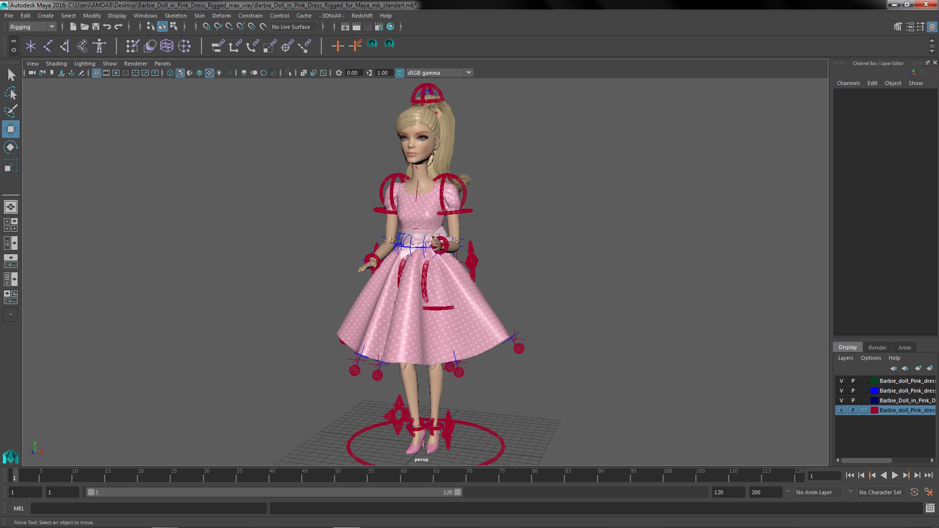 3D Barbie Doll in Pink Dress Rigged for Maya