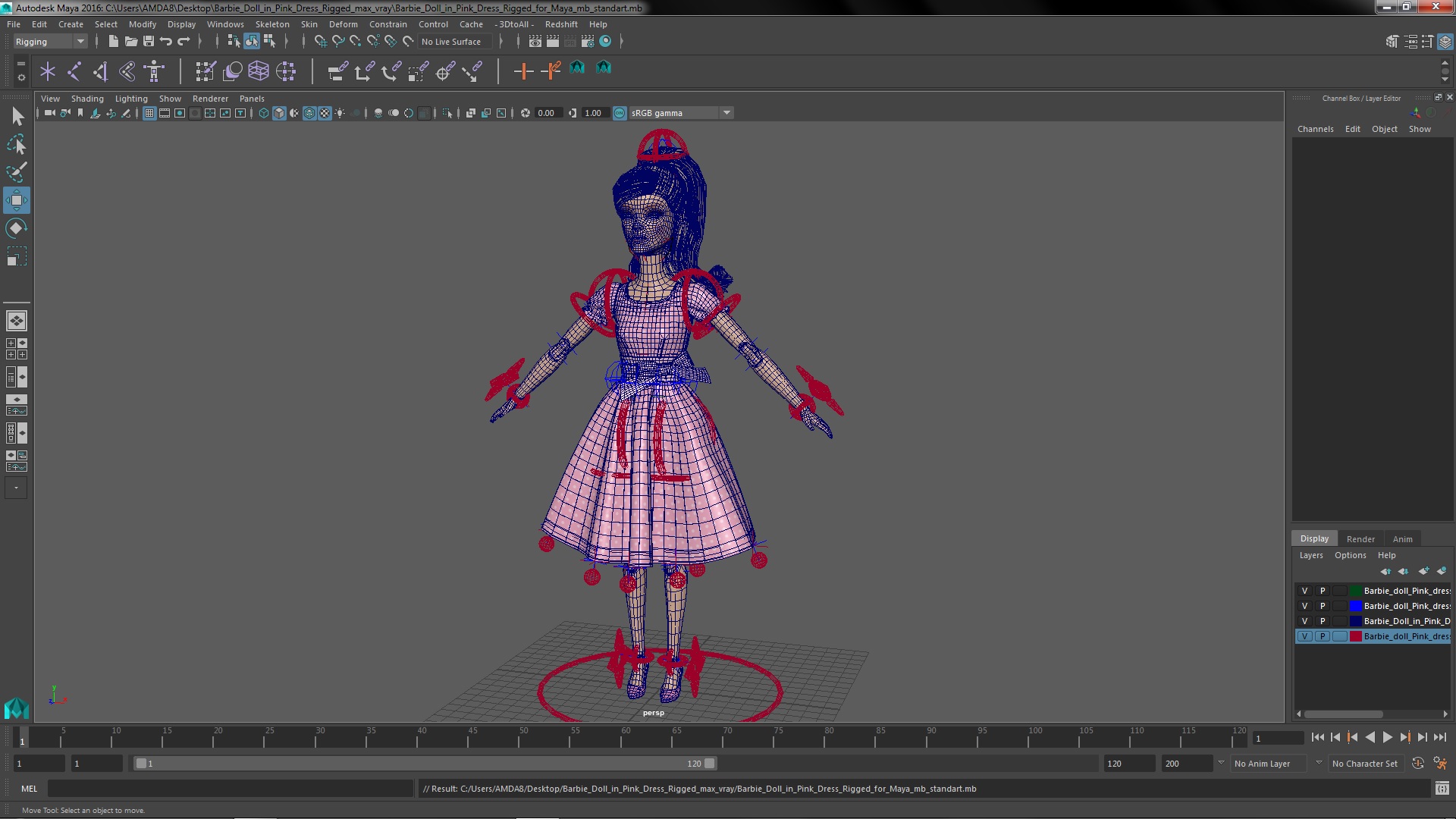 3D Barbie Doll in Pink Dress Rigged for Maya