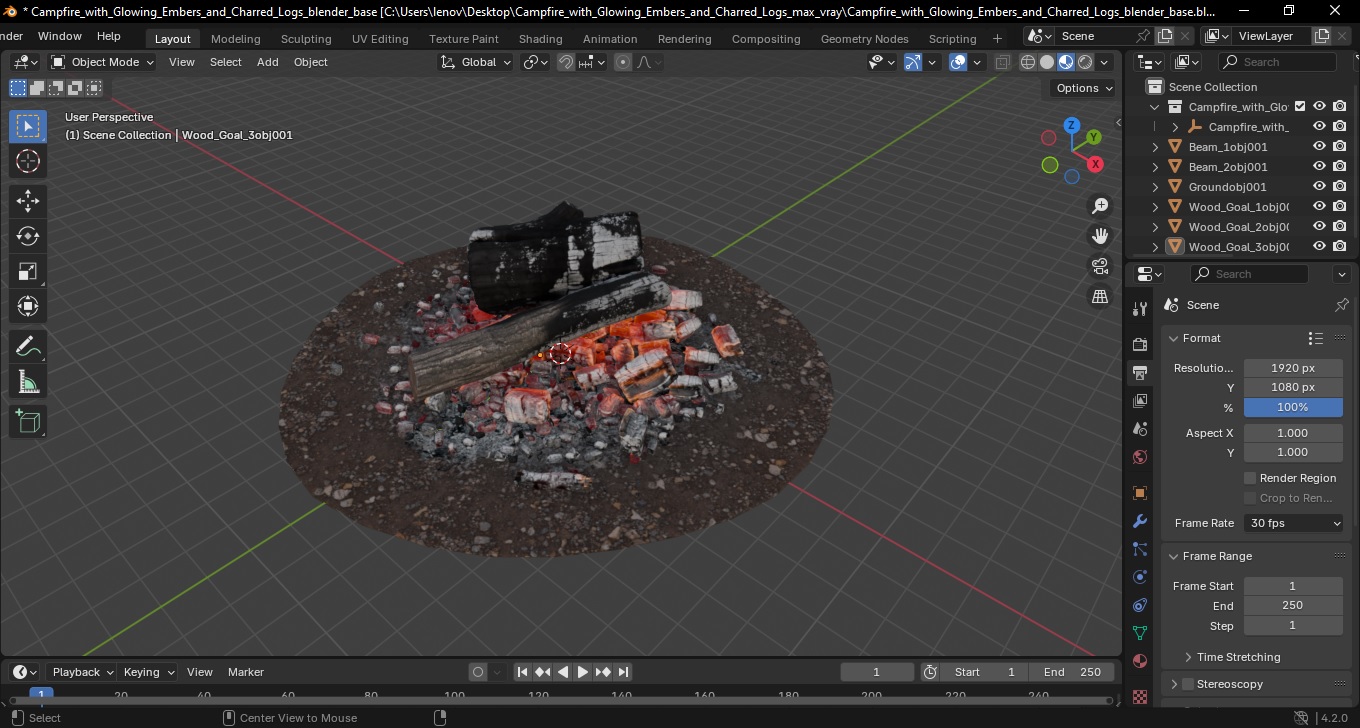 3D model Campfire with Glowing Embers and Charred Logs