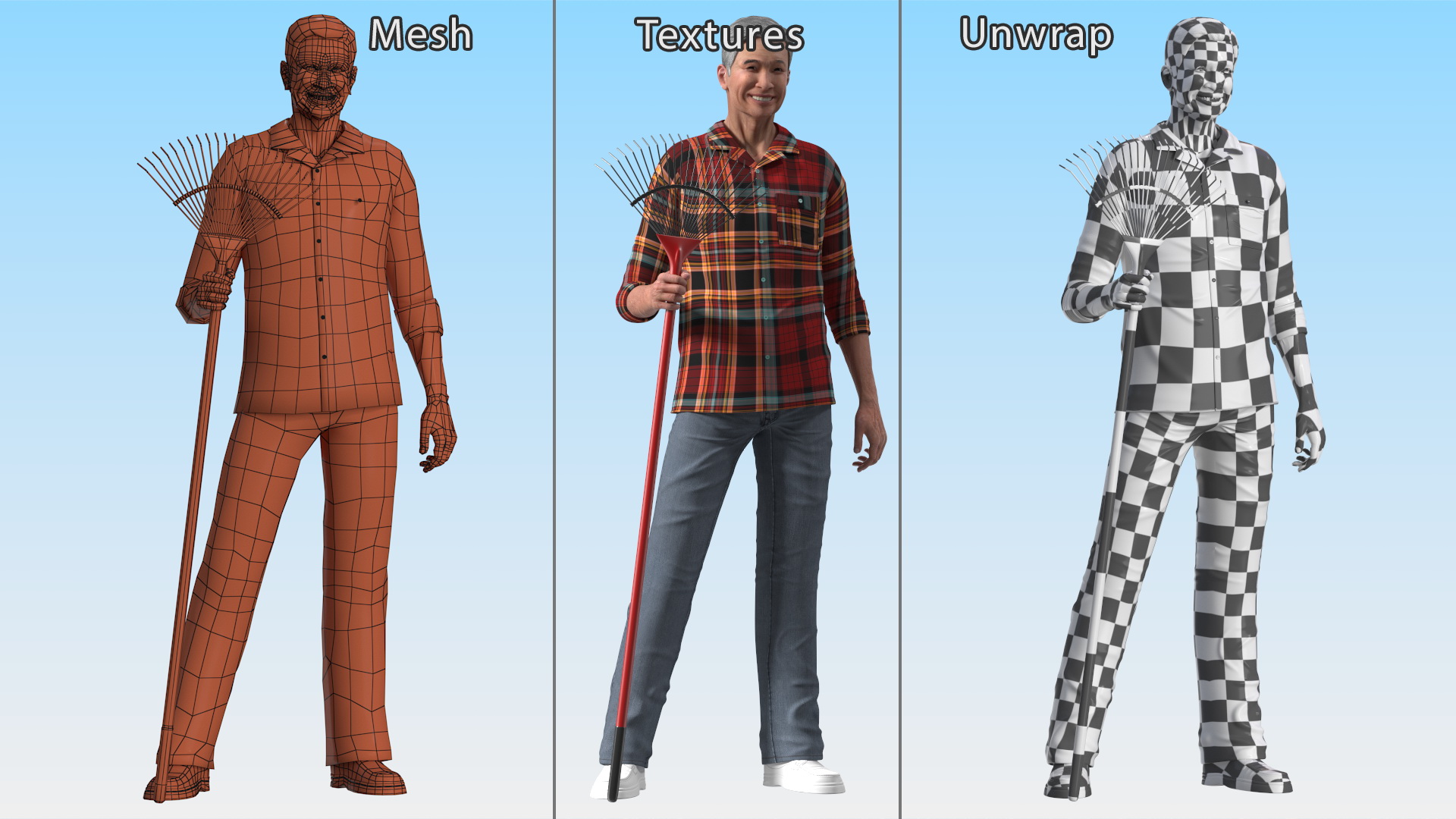 3D model Chinese Grandpa with Rake