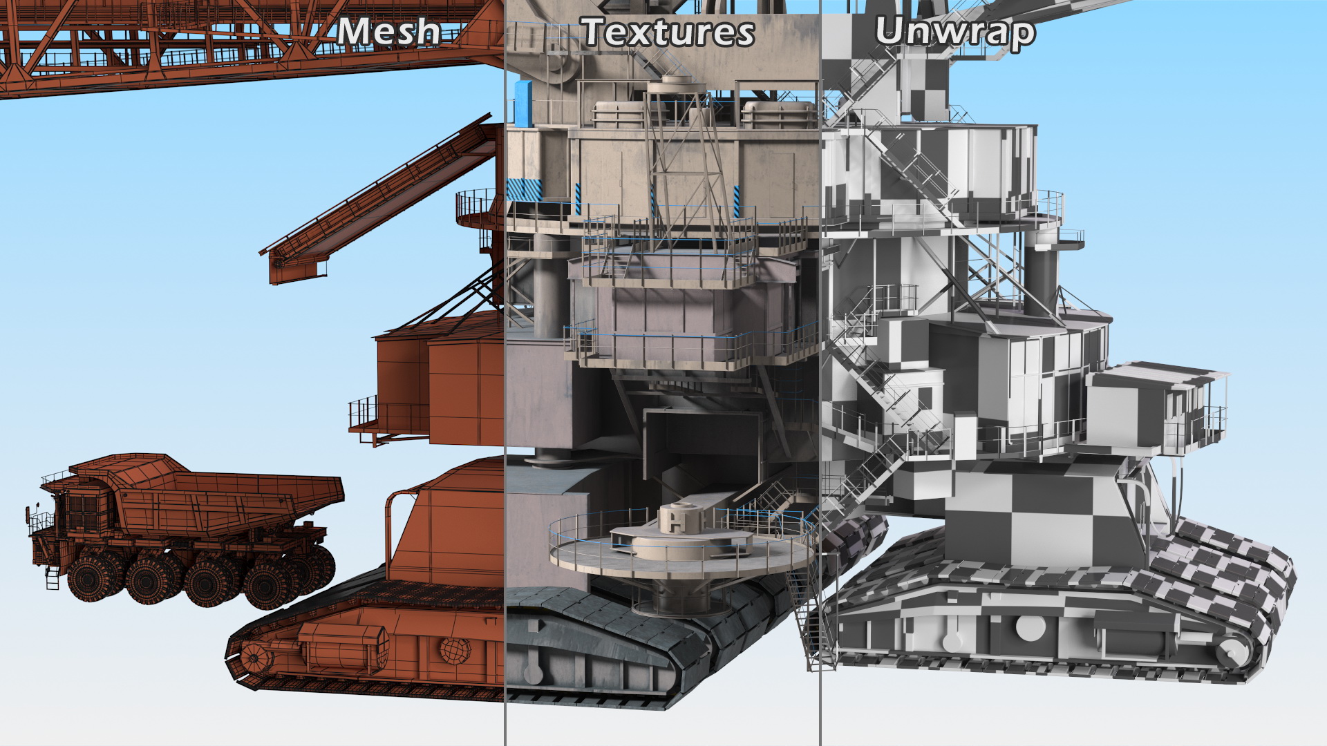 3D model Mining Multi Bucket Wheel Excavator with Mining Truck Rigged