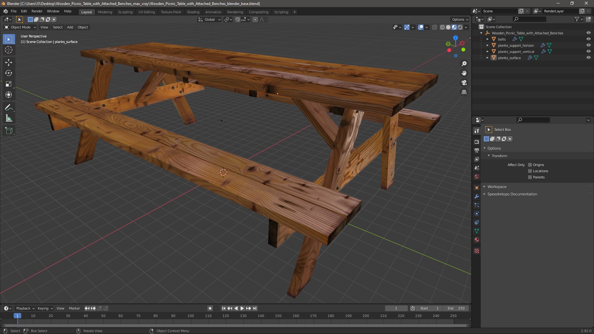 3D Wooden Picnic Table with Attached Benches