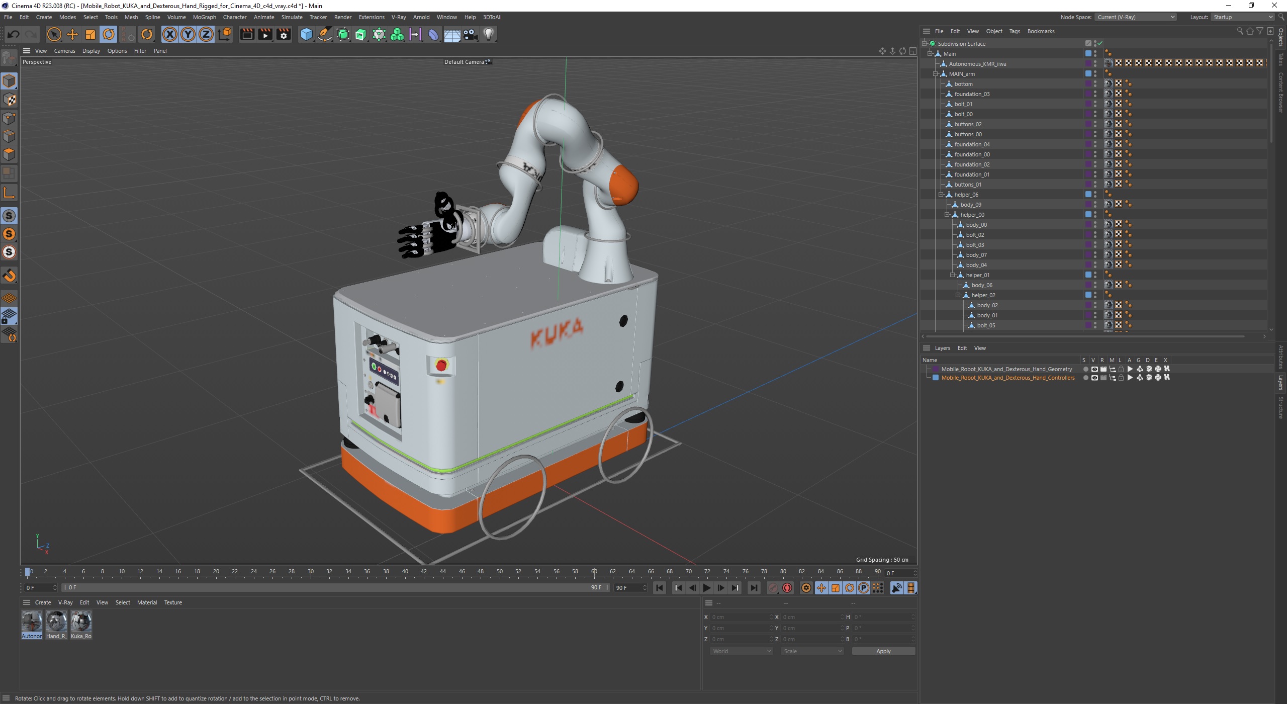 Mobile Robot KUKA and Dexterous Hand Rigged for Cinema 4D 3D