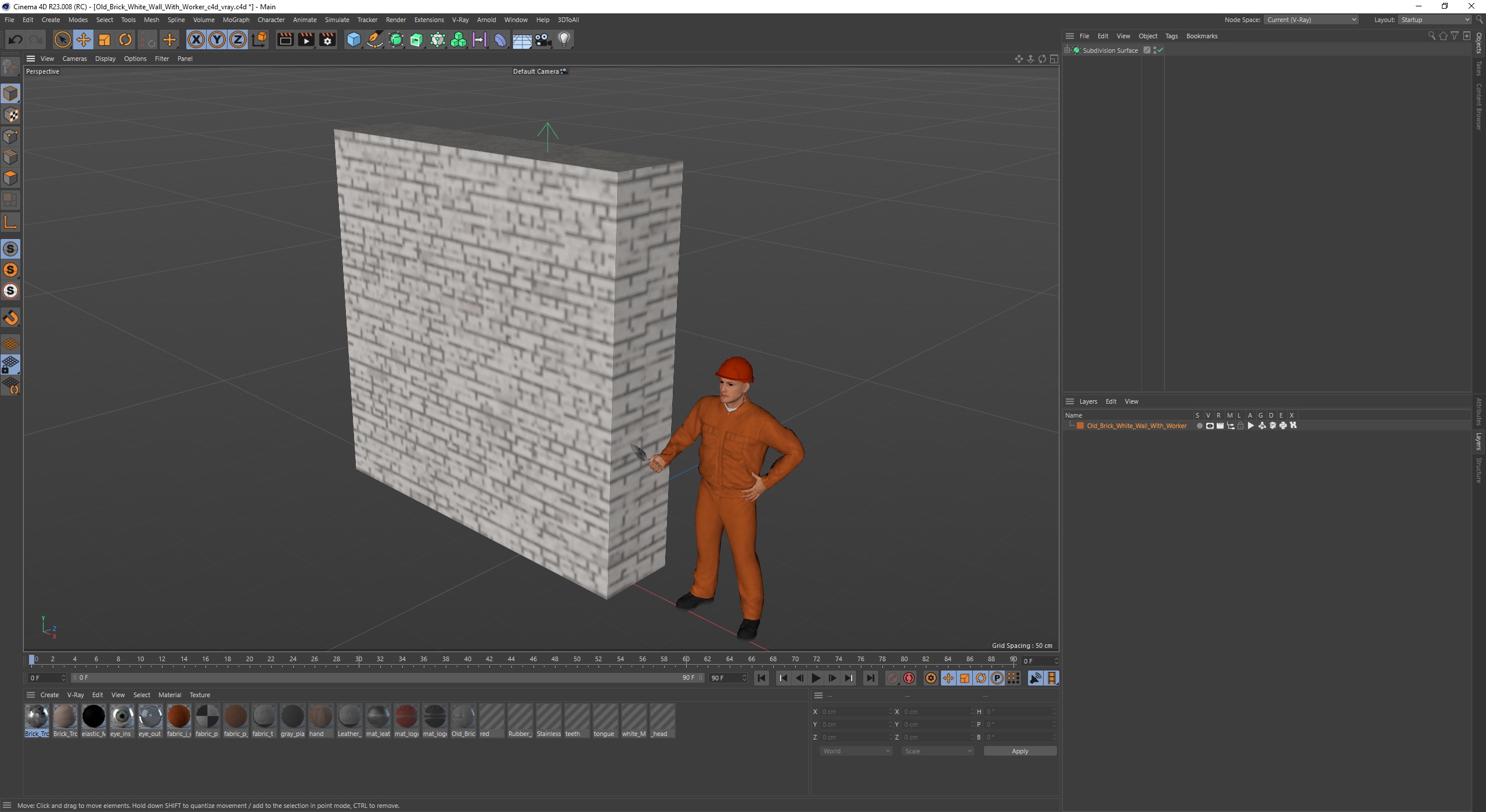 Old Brick White Wall With Worker 3D