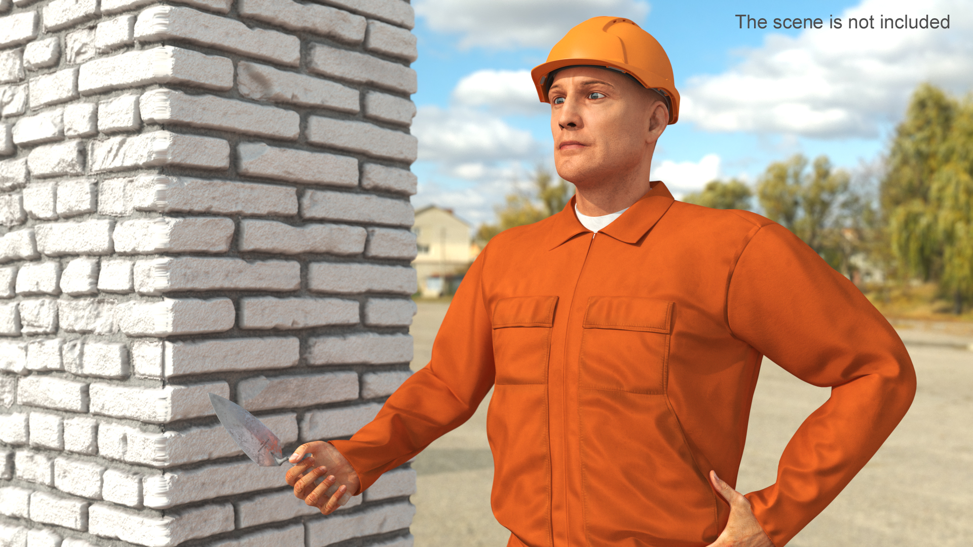 Old Brick White Wall With Worker 3D