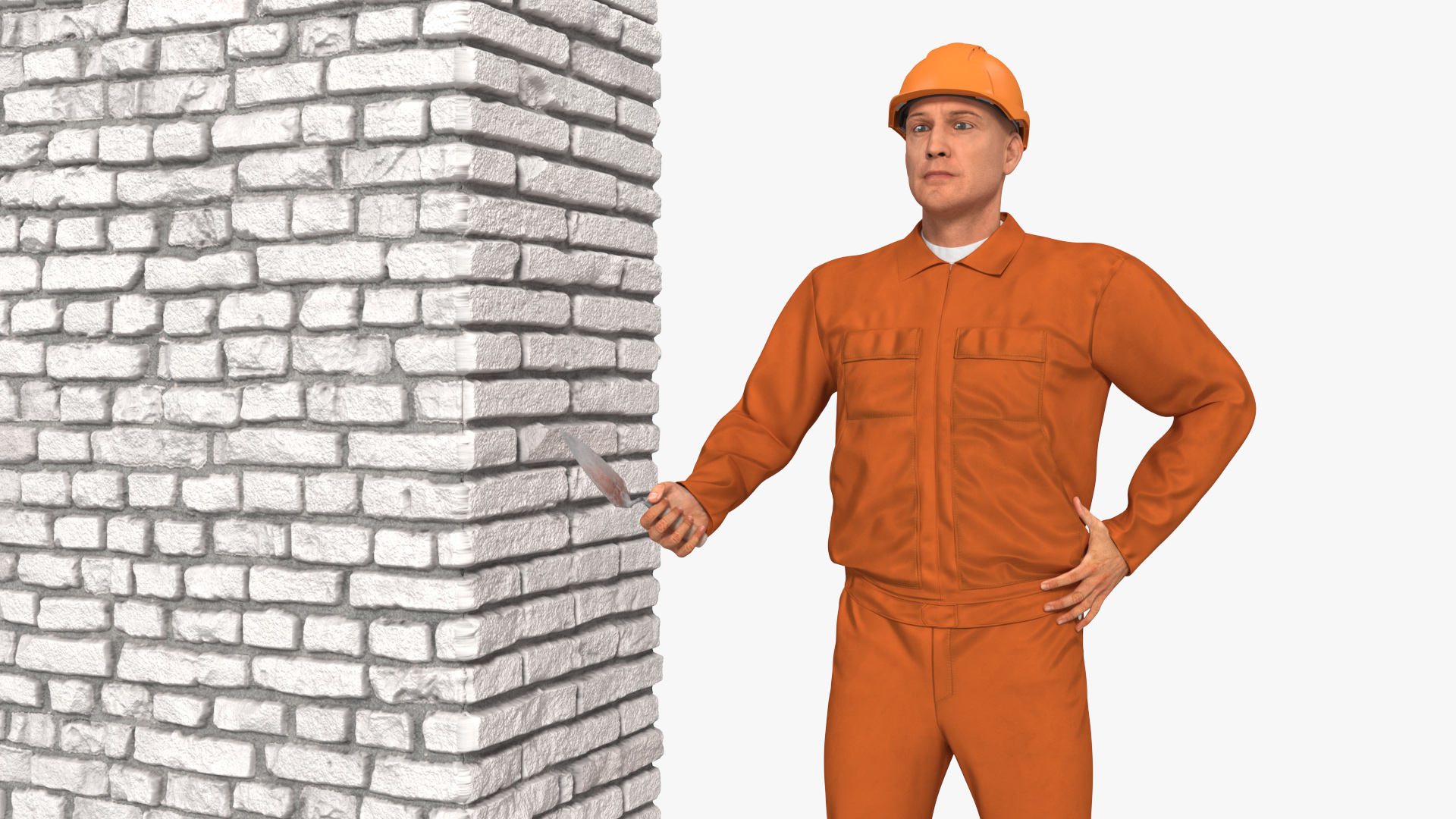 Old Brick White Wall With Worker 3D