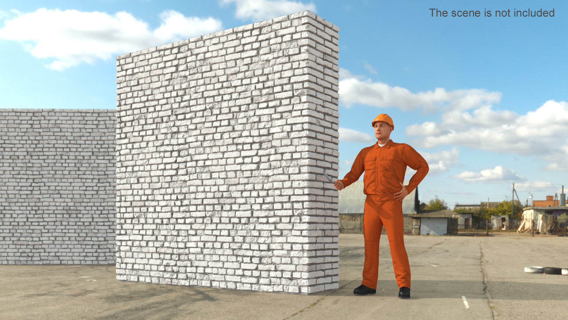 Old Brick White Wall With Worker 3D