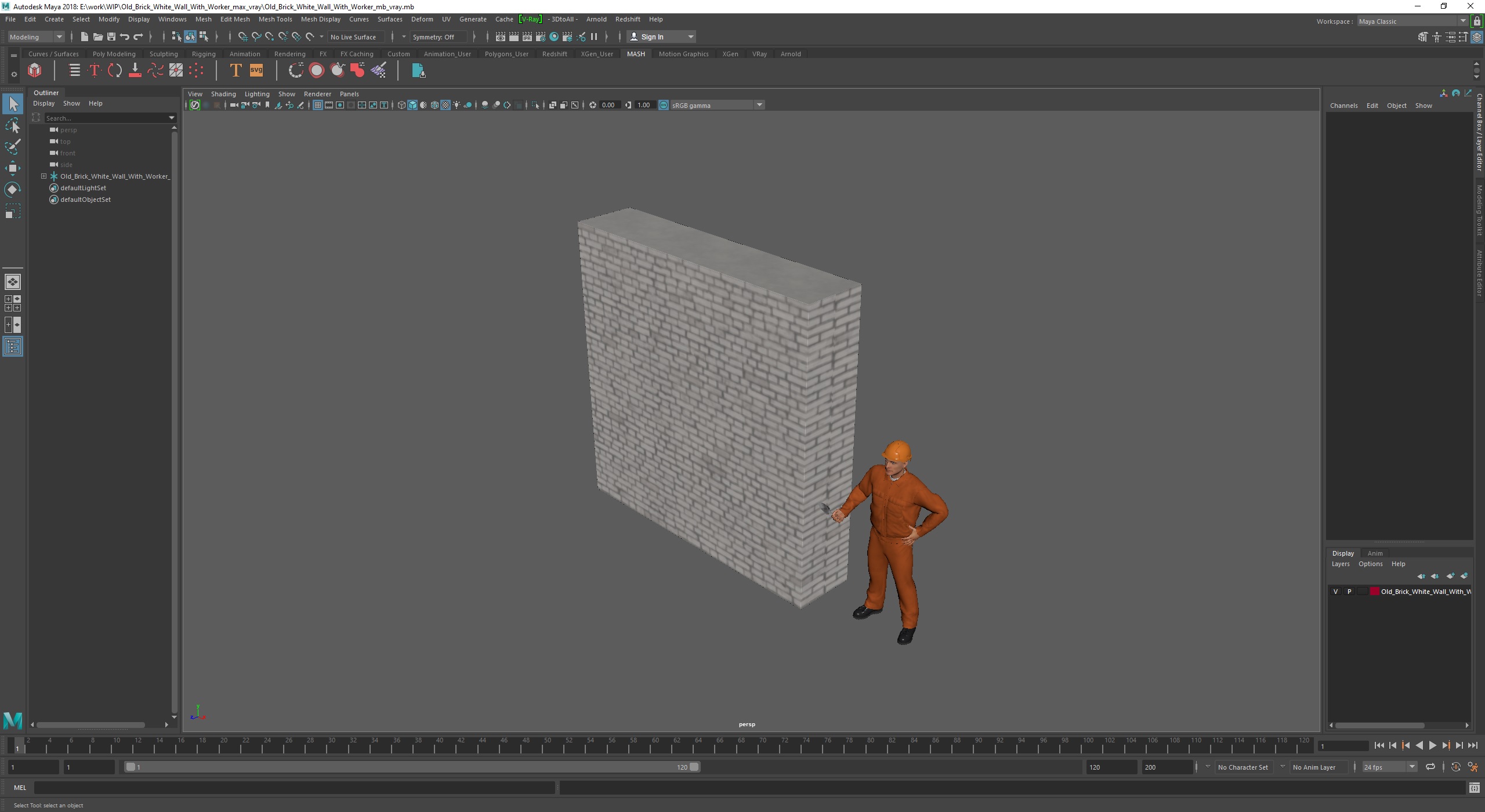 Old Brick White Wall With Worker 3D