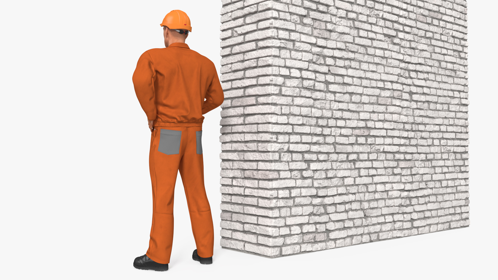 Old Brick White Wall With Worker 3D