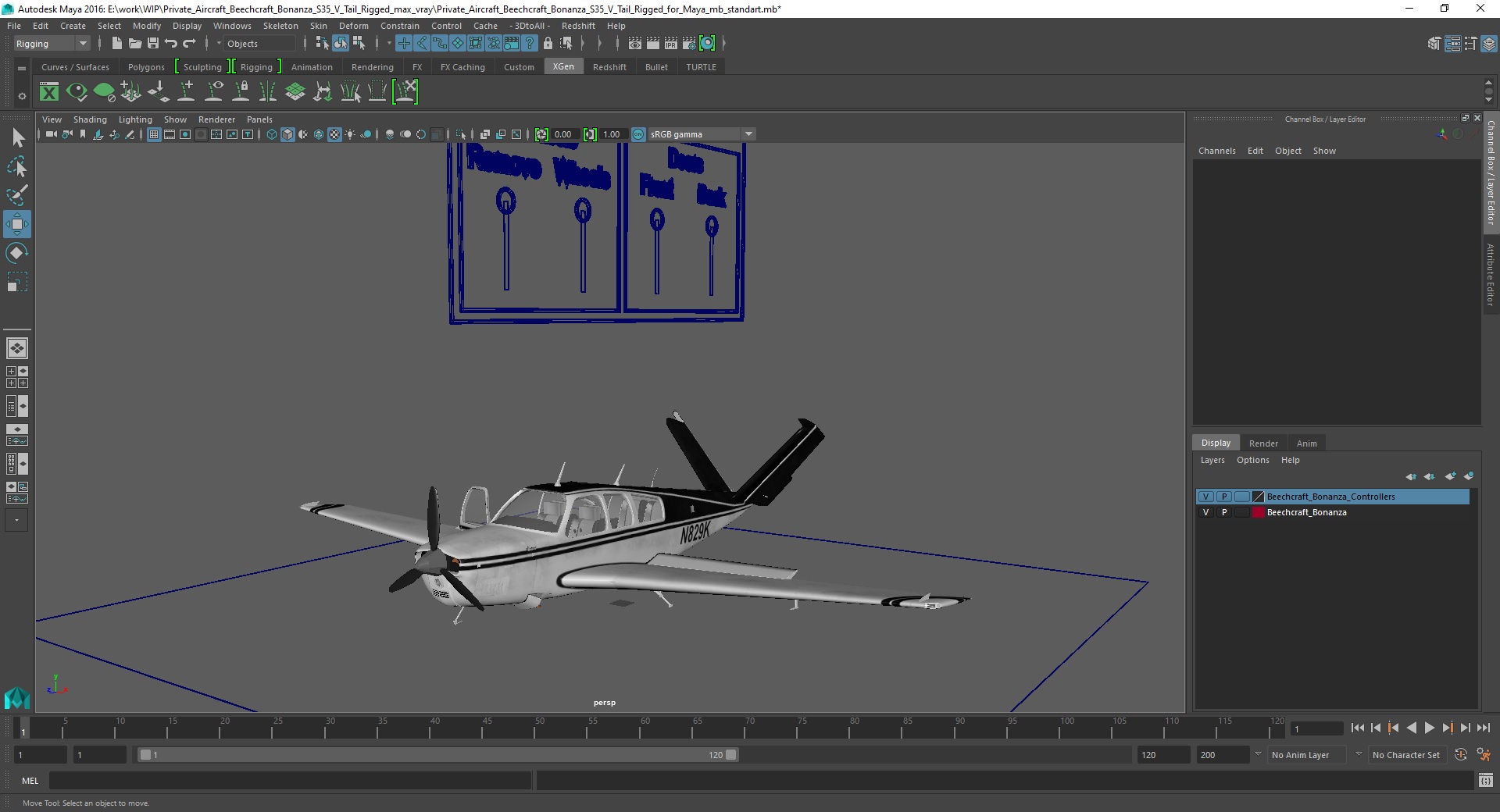 Private Aircraft Beechcraft Bonanza S35 V Tail Rigged for Maya 3D