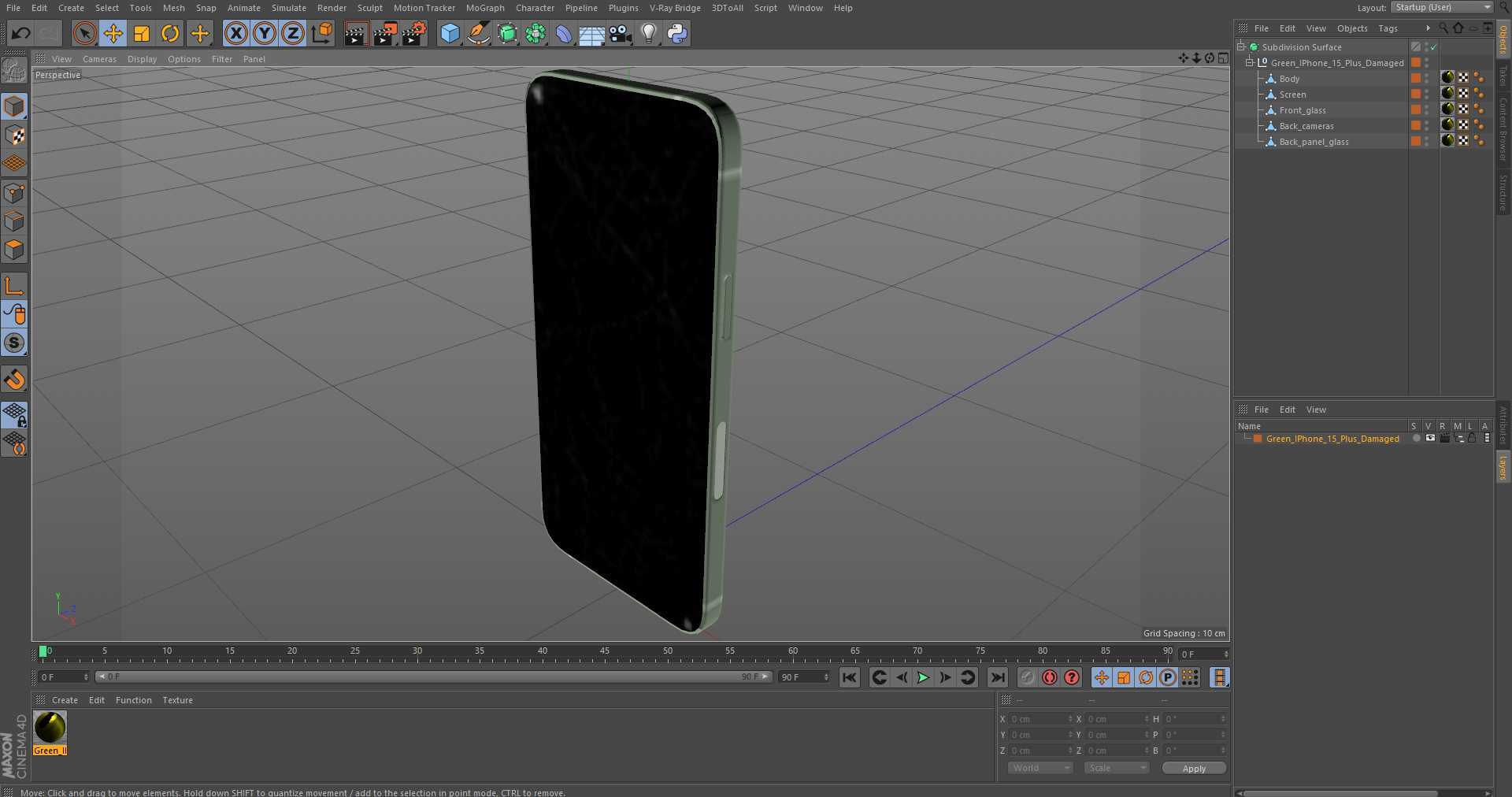 3D Green IPhone 15 Plus Damaged model