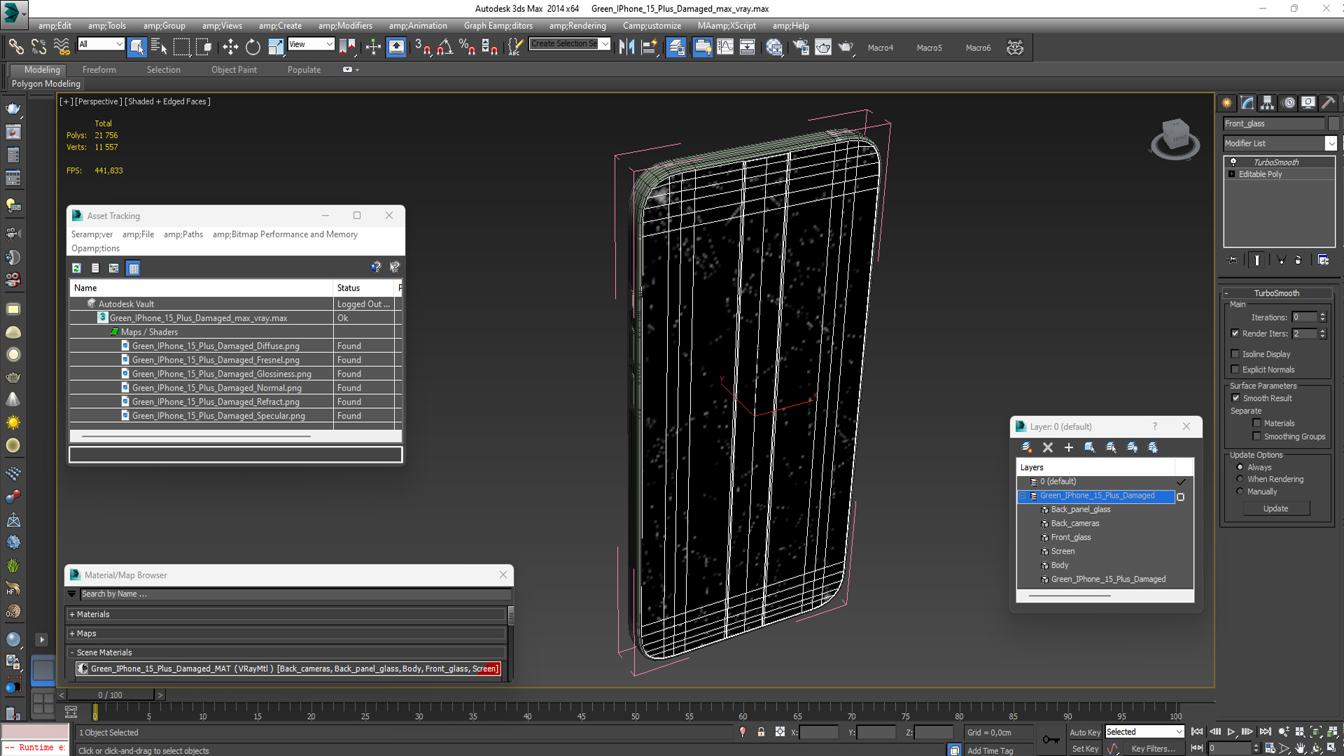 3D Green IPhone 15 Plus Damaged model