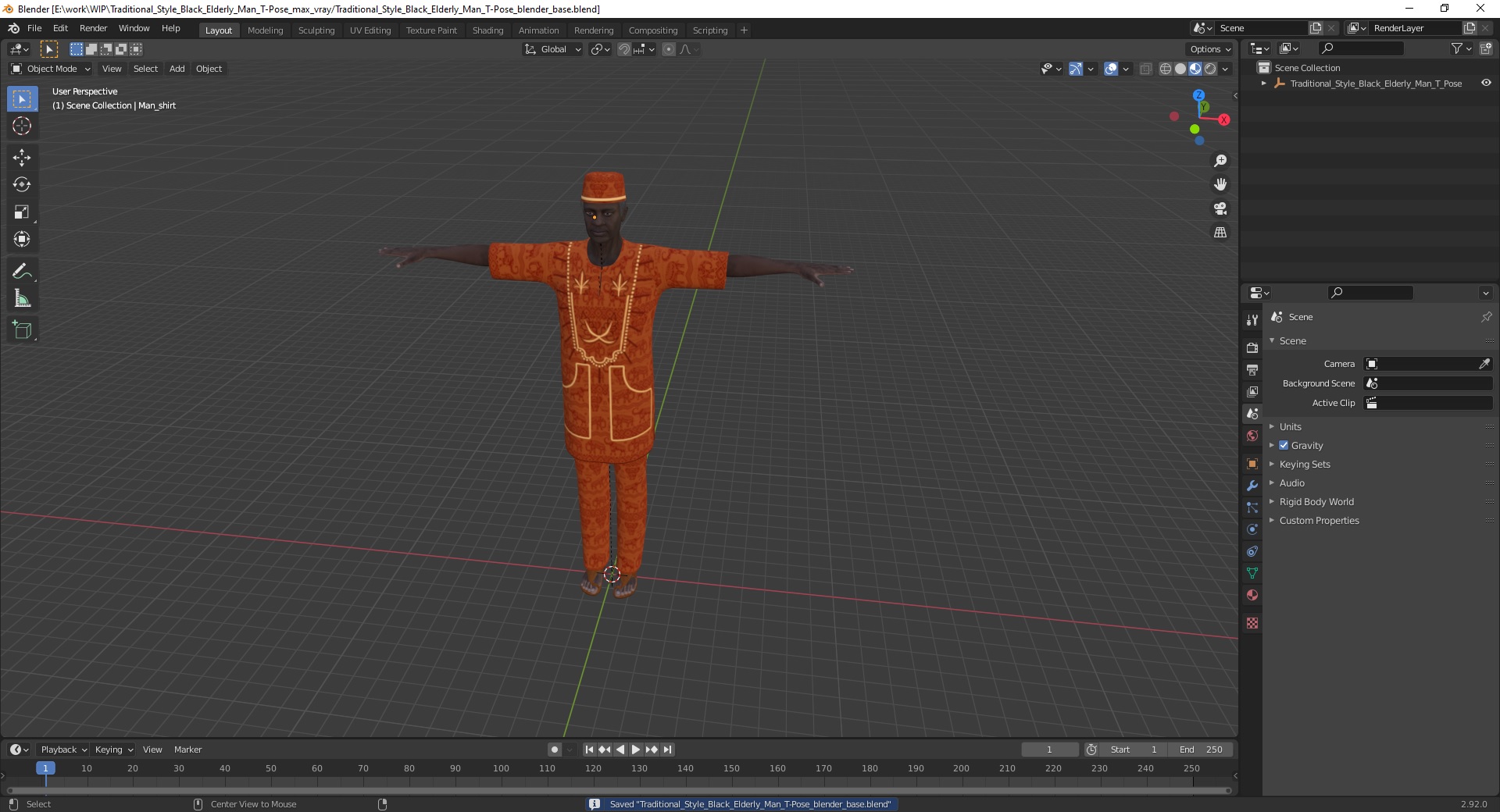 Traditional Style Black Elderly Man T-Pose 3D