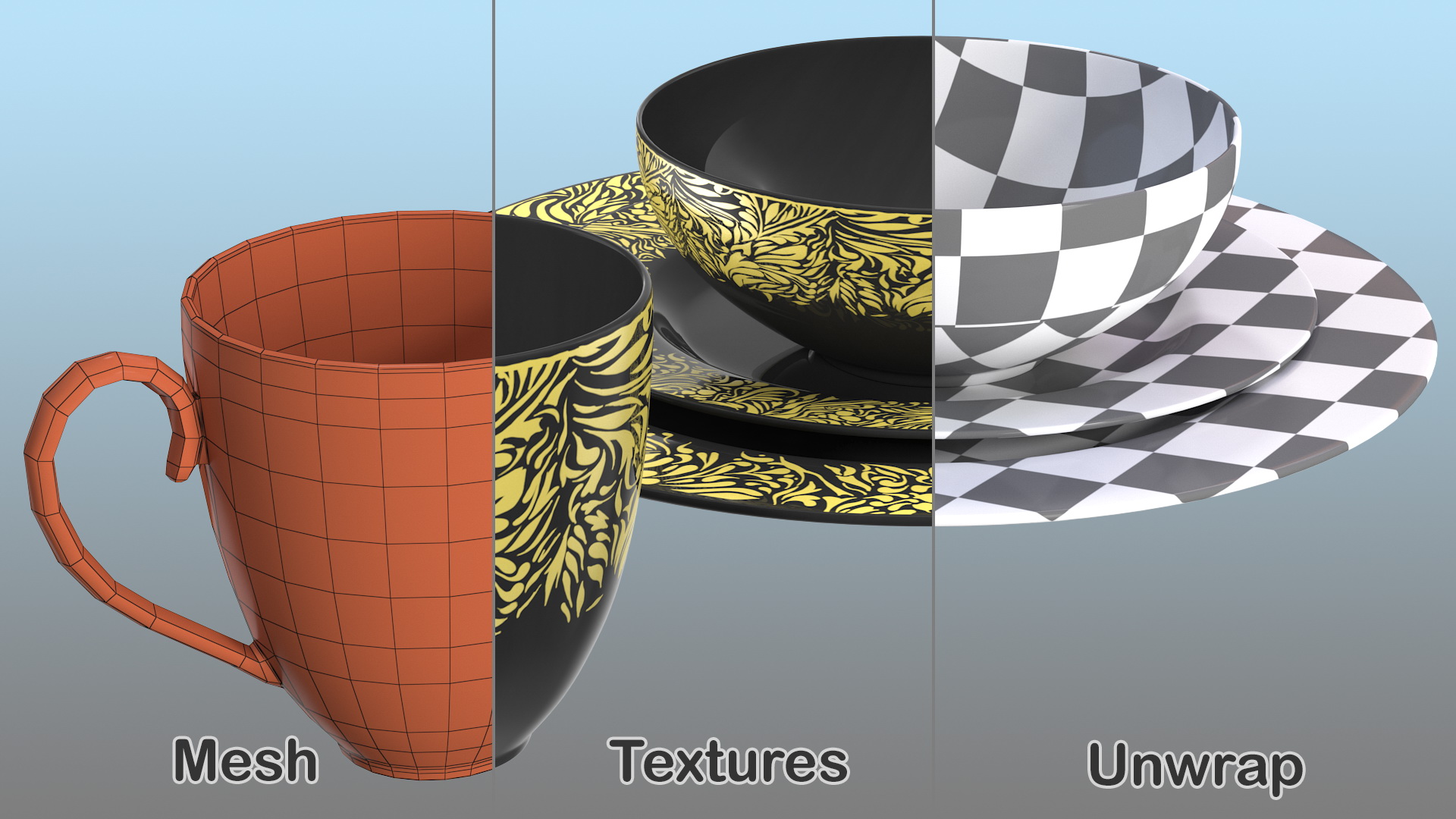 Black and Gold Dinnerware Set 3D model