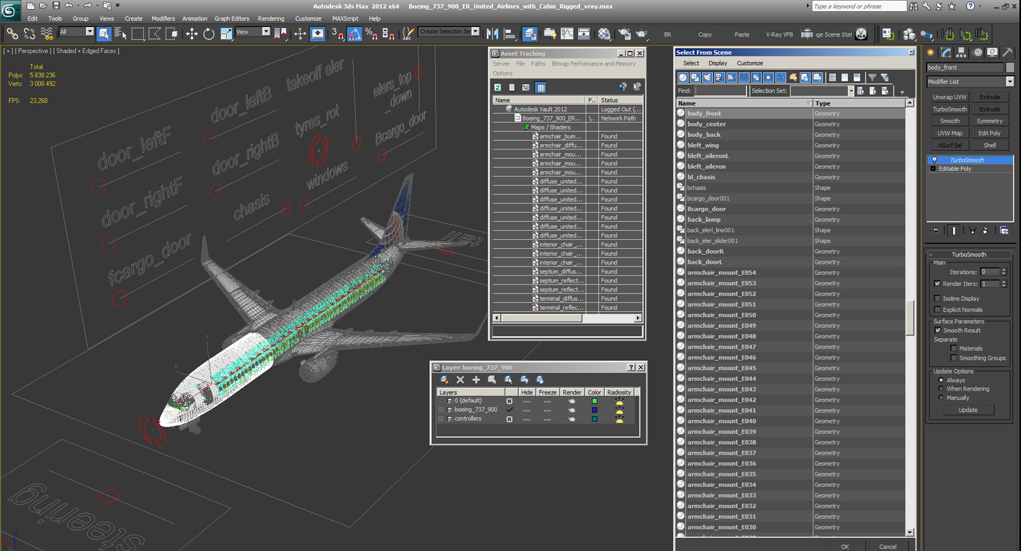 3D Boeing 737 900 ER United Airlines with Cabin Rigged