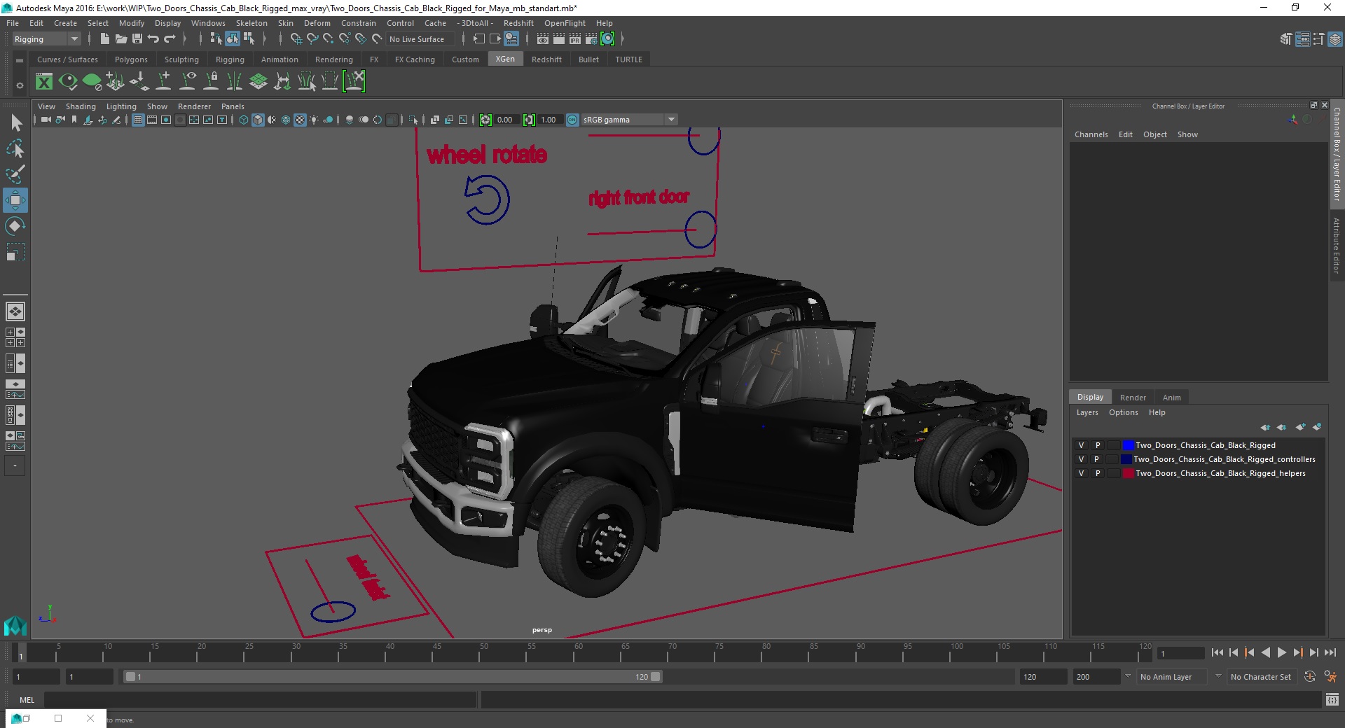 3D Two Doors Chassis Cab Black Rigged for Maya model
