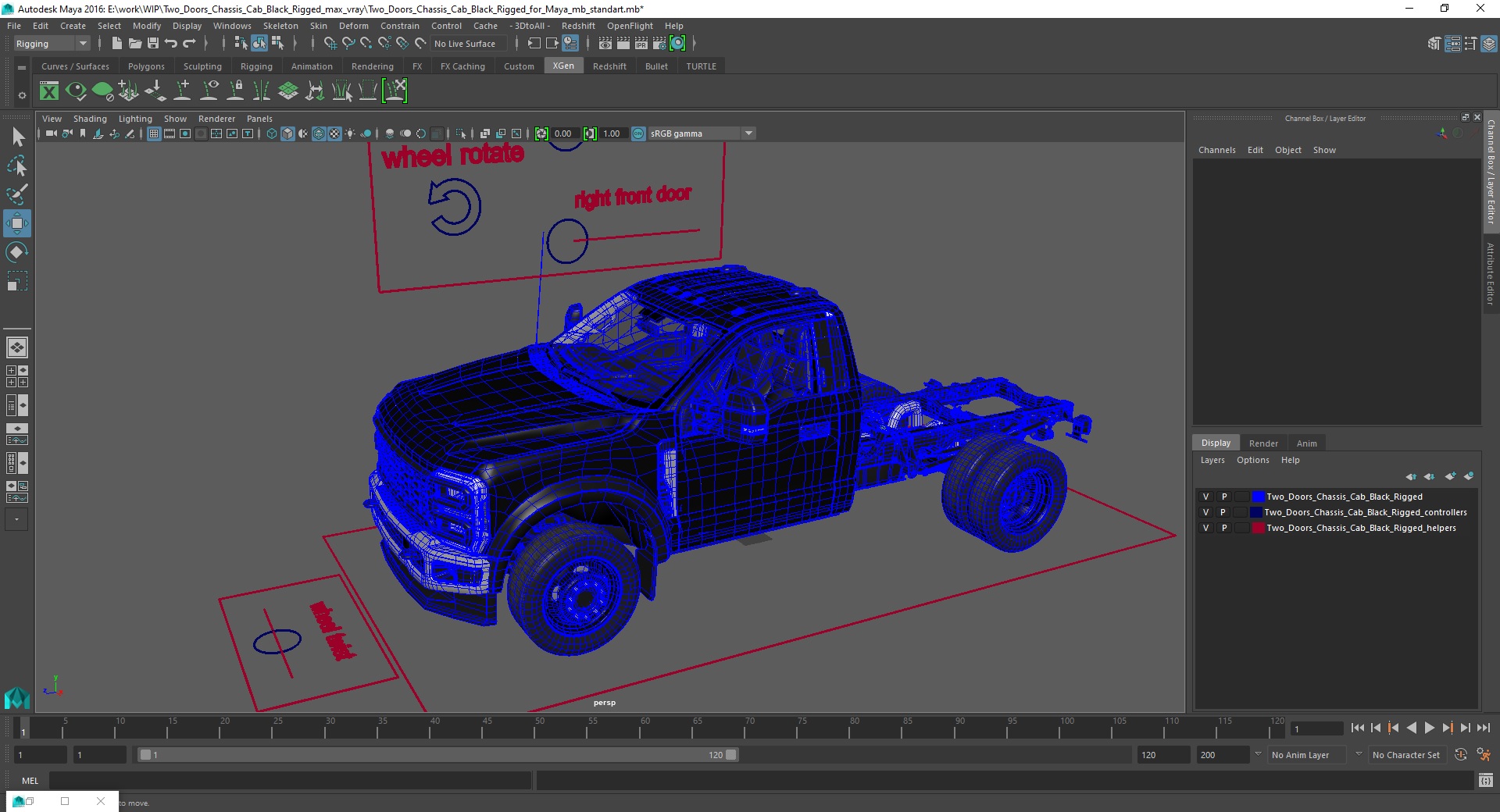 3D Two Doors Chassis Cab Black Rigged for Maya model