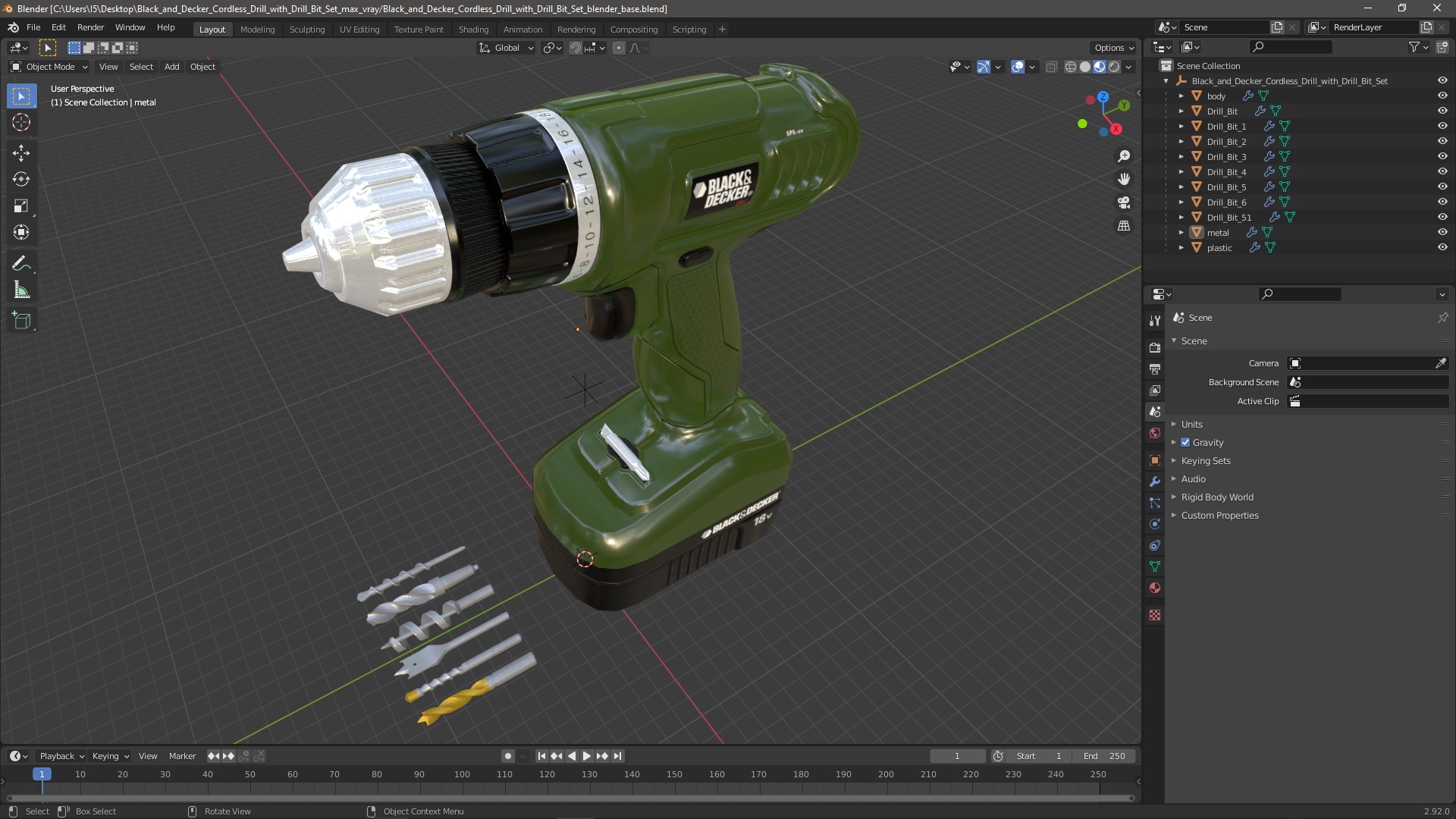 3D model Black and Decker Cordless Drill with Drill Bit Set